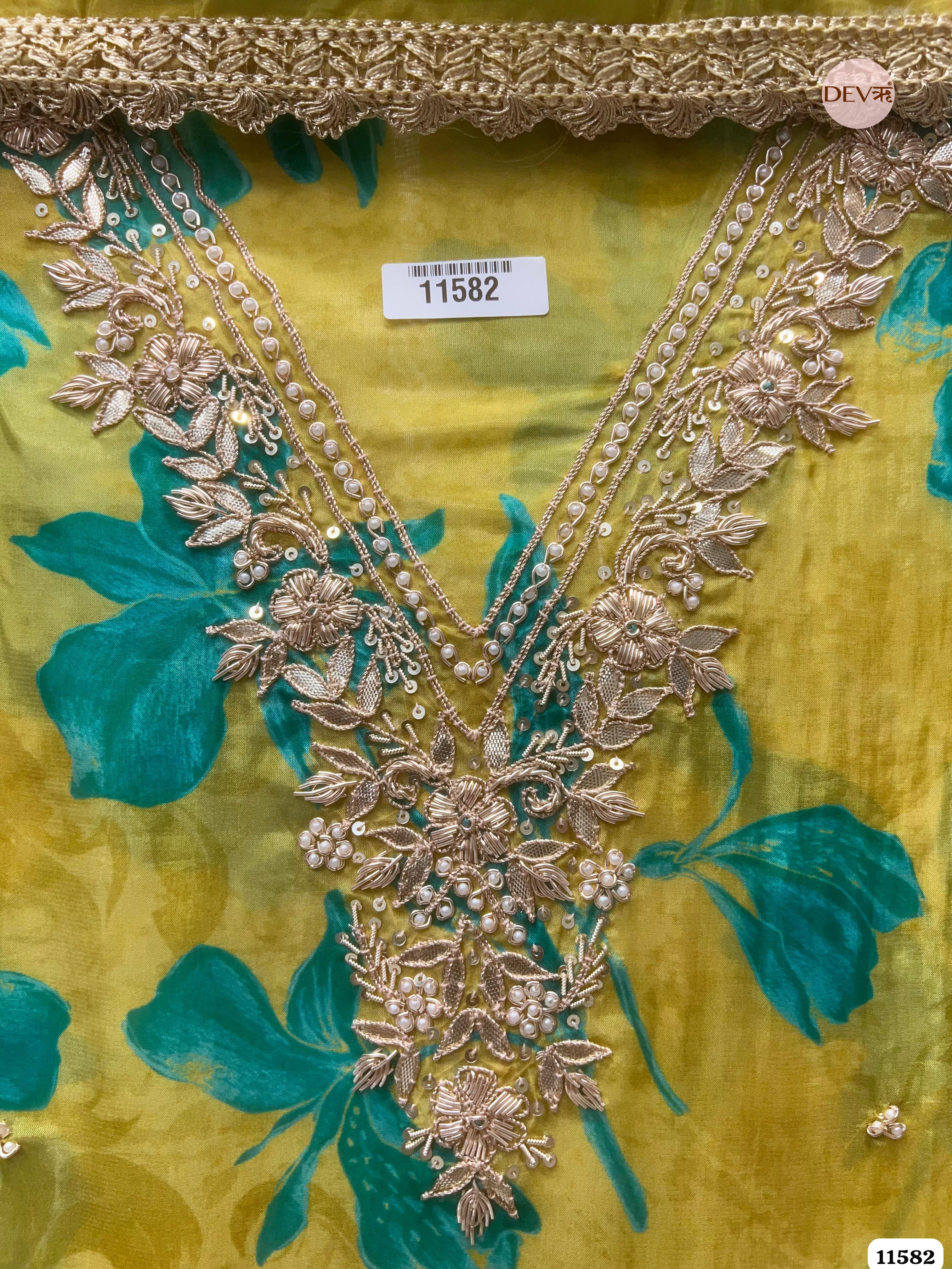 Yellow Pure Organza Silk Printed Unstitched Hand Embroidered -Set Of 3 {11582}