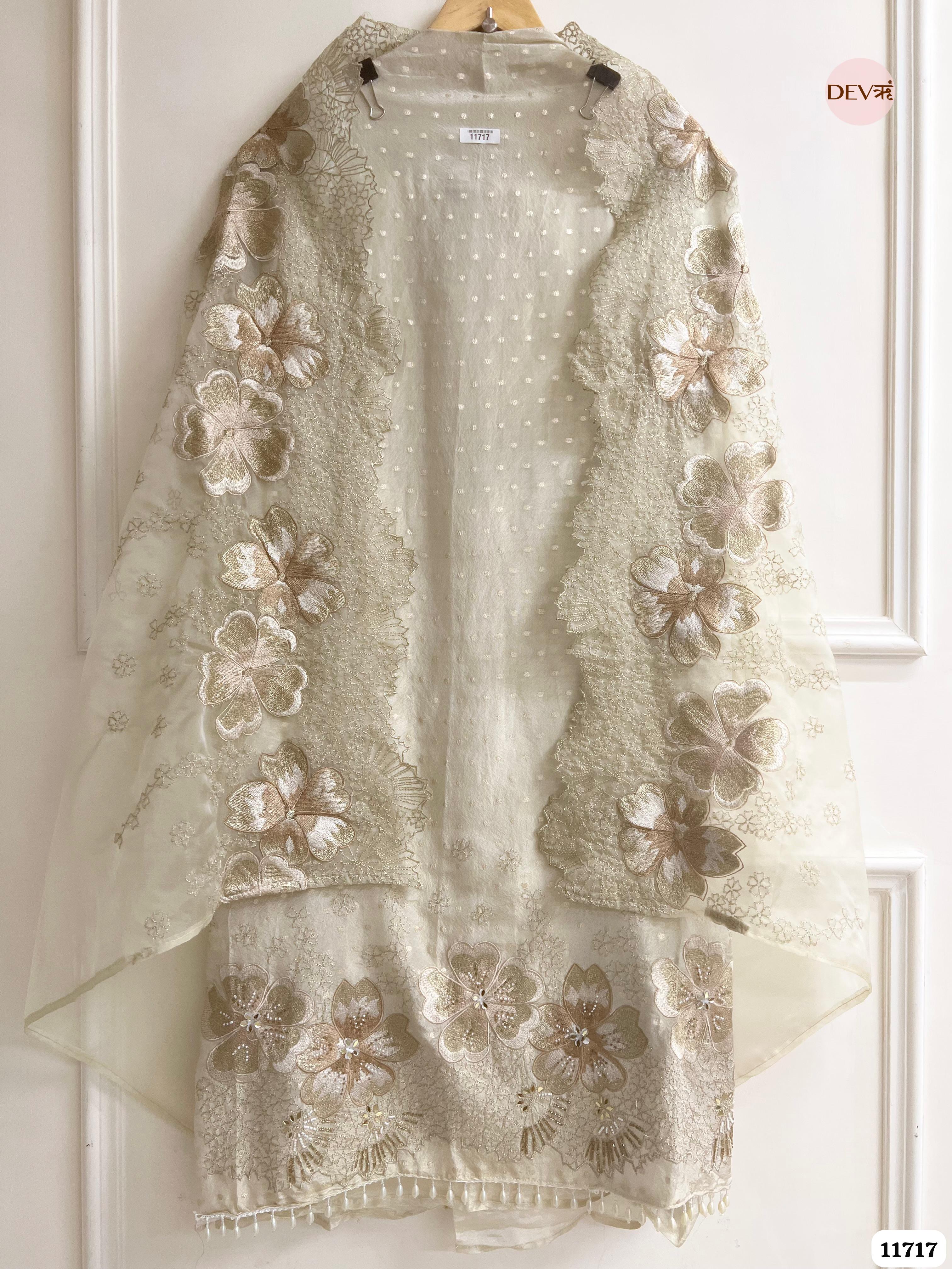 Off White Tissue Shimmer Silk Unstitched Embroidered -Set Of 3- {11717}