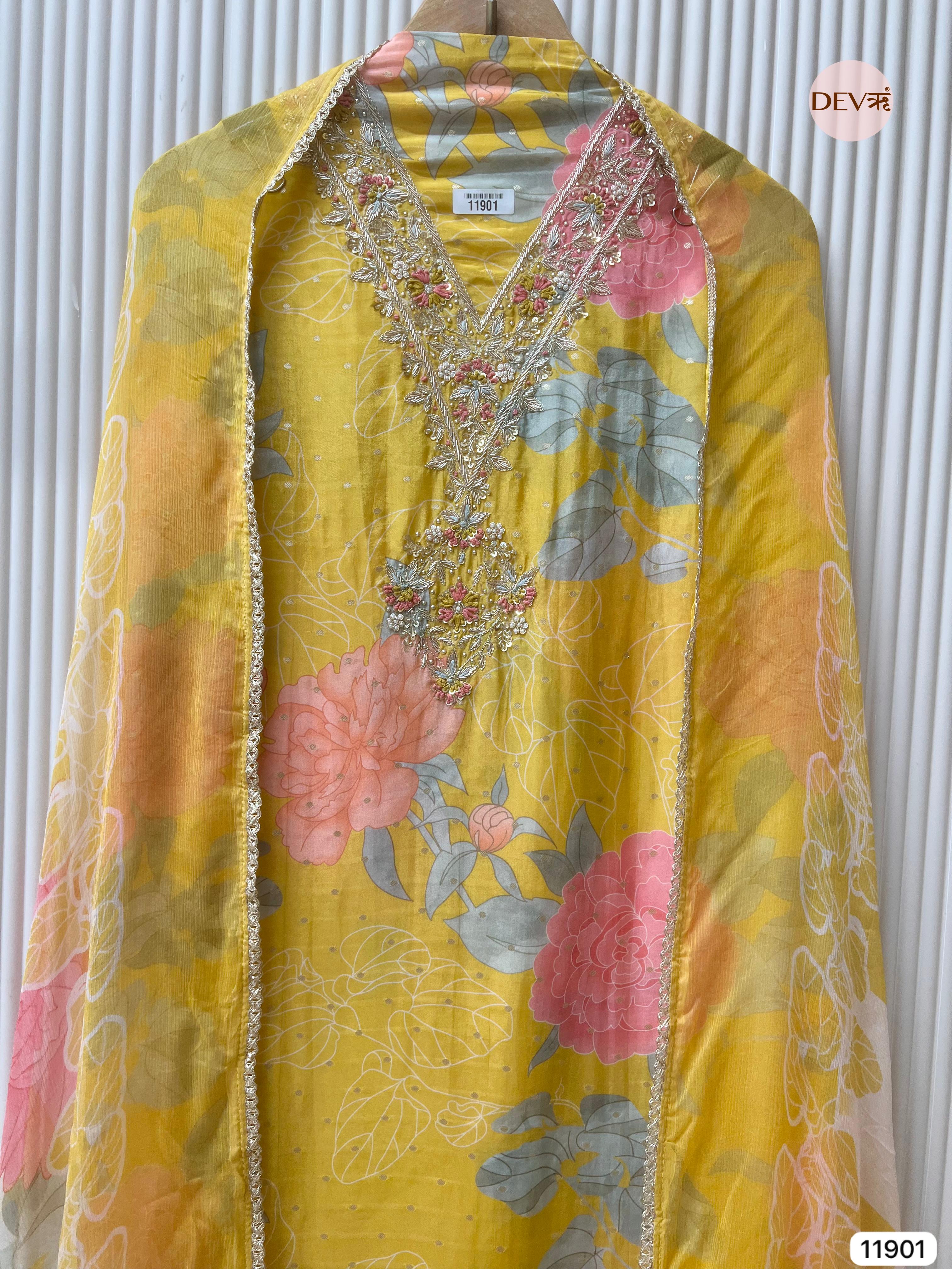 Yellow Pure Shimmer Tissue Silk Unstitched Printed Hand Embroidered -Set Of 3- {11901}