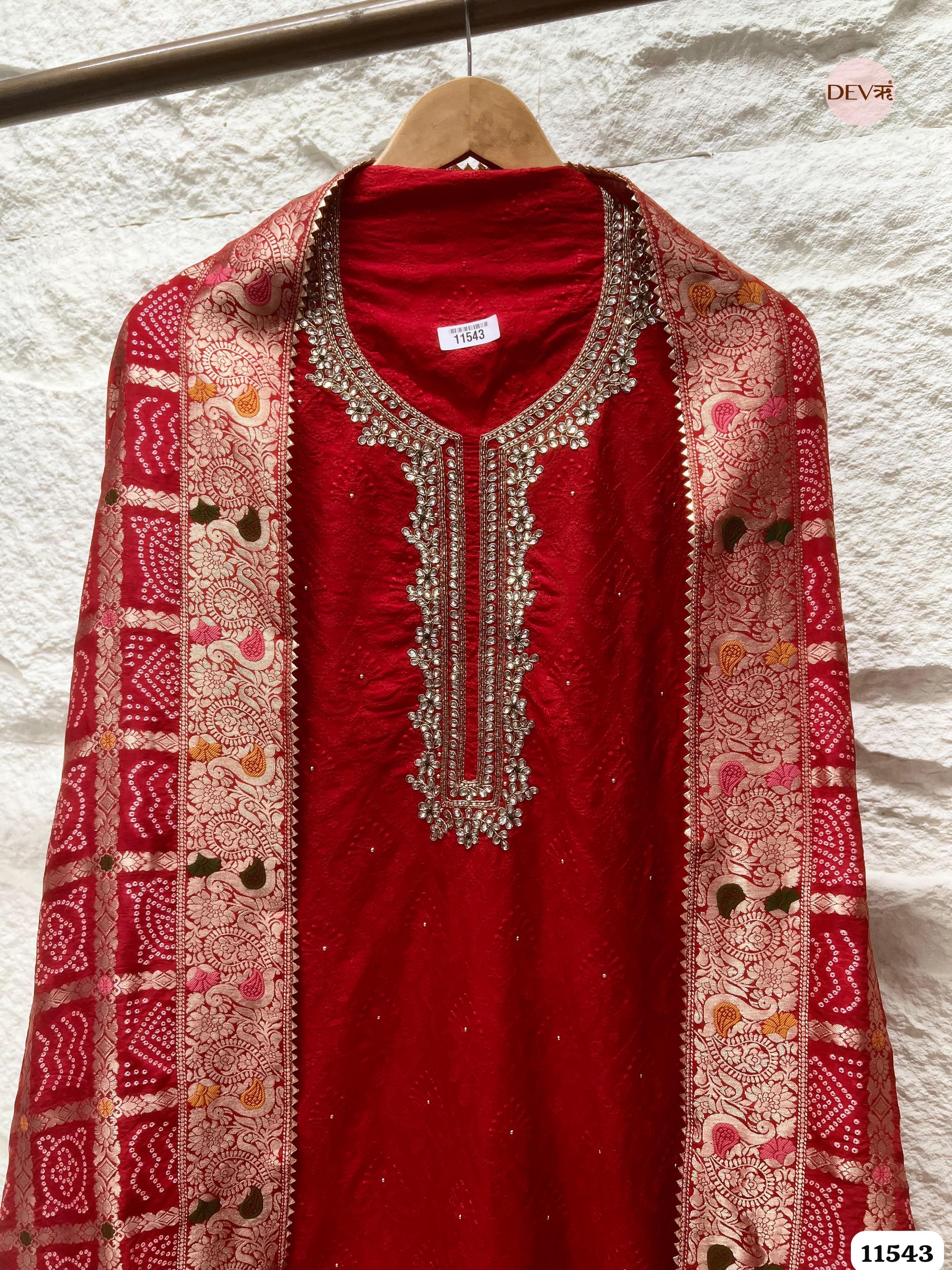 Red Pure Russian Silk Unstitched Hand Embroidered -Set Of 3 {11543}