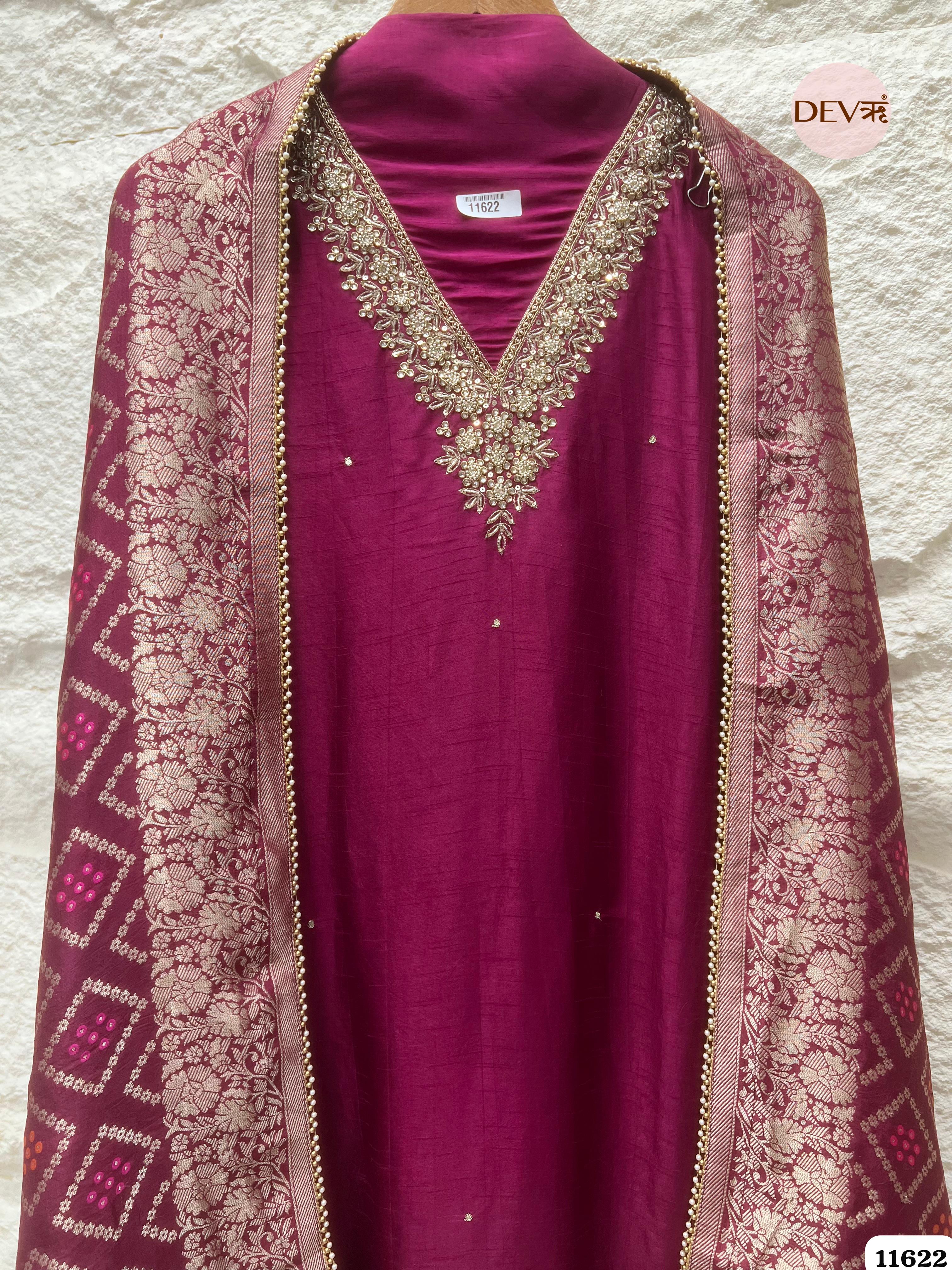 Magenta Pink Pure Russian Silk Unstitched Hand Embroidered -Set Of 3 {11622}