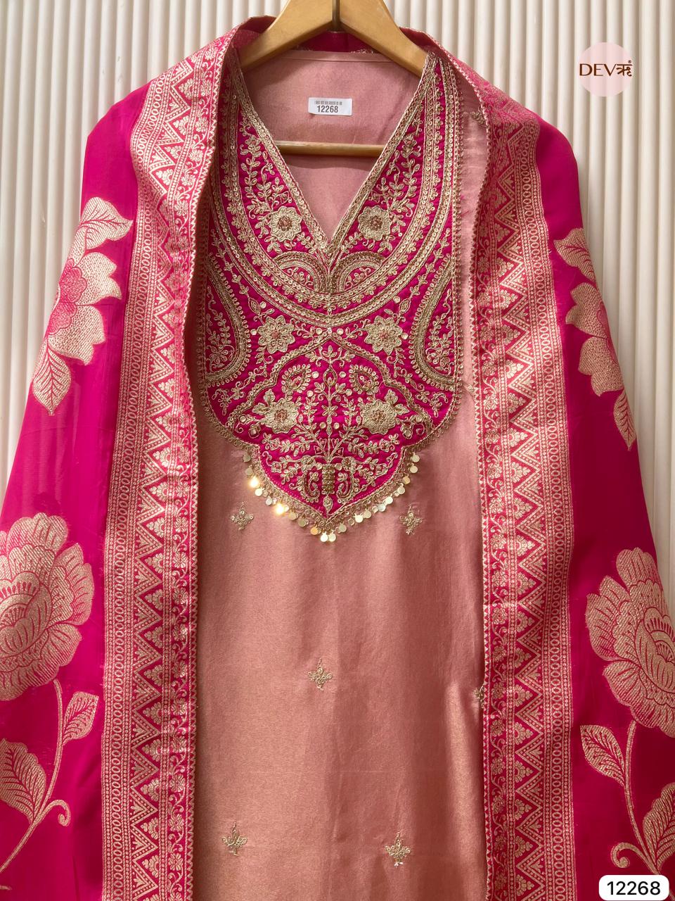 Rose–Rani Tissue Shimmer Silk Embroidered Unstitched 3-Piece Suit (Devri – D.No 12268)