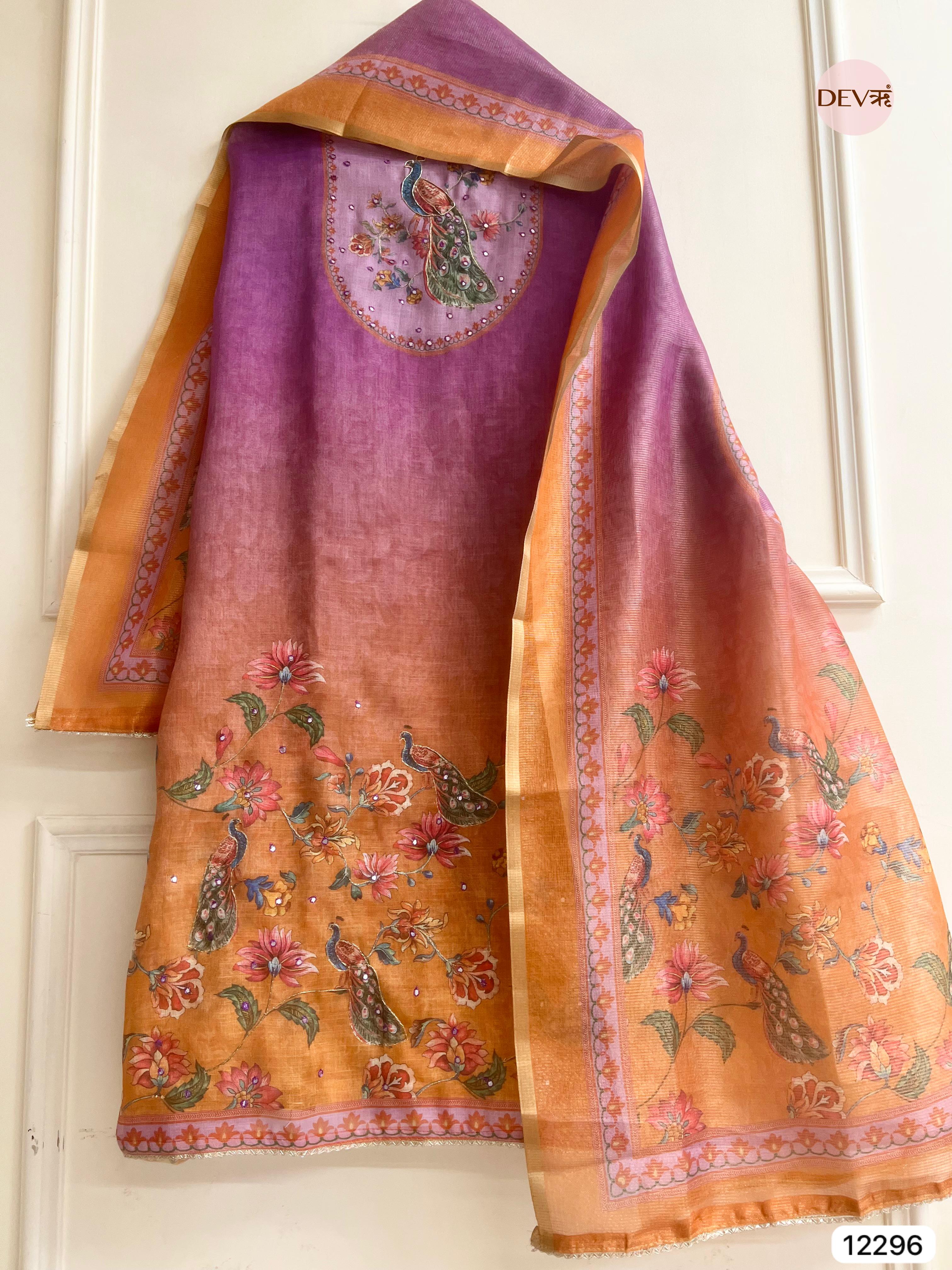 Lavender Peach Linen Printed Unstitched 3-Piece Suit (Devri – D.No 12296)