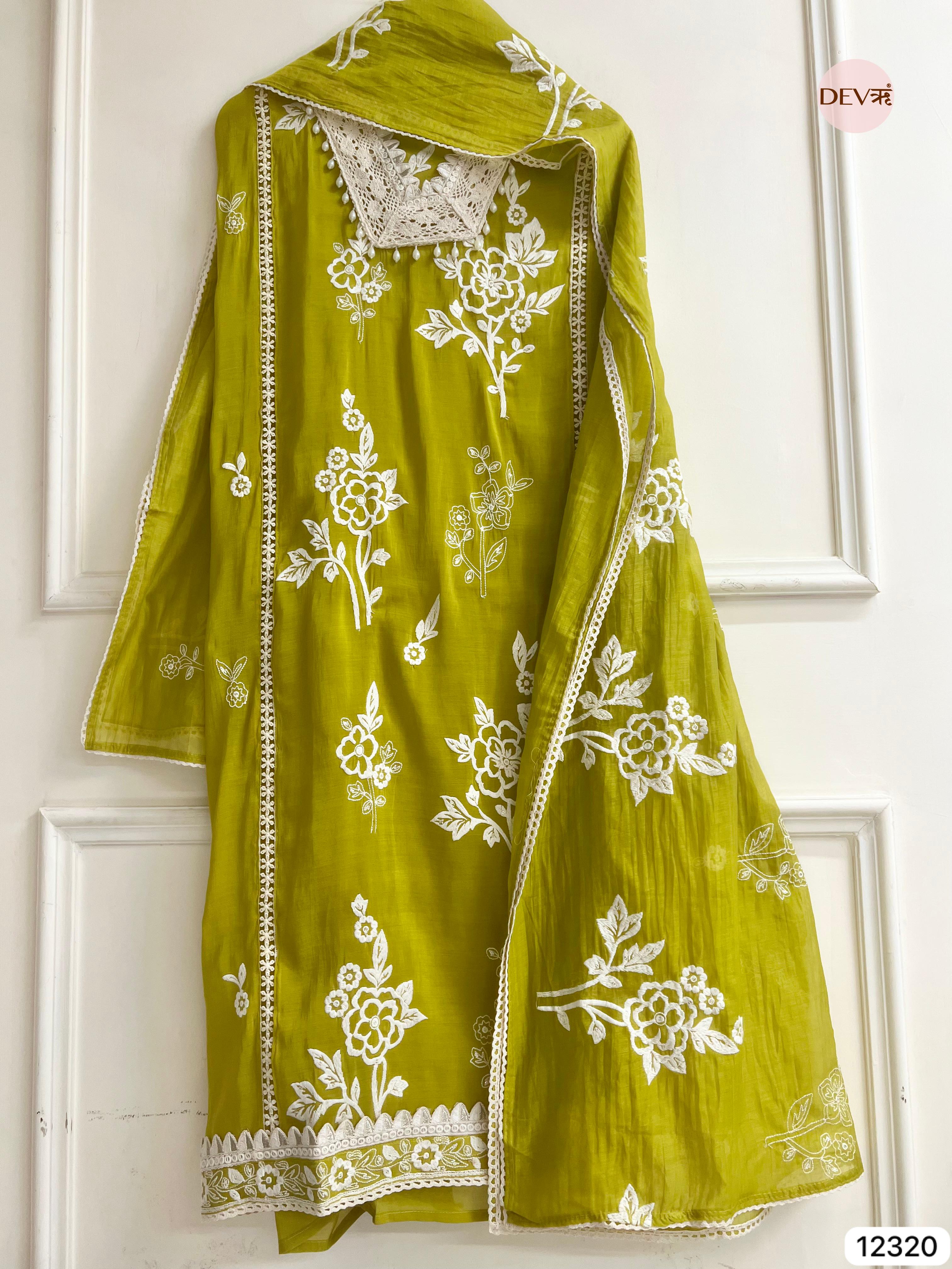 Olive Green Mul Chanderi Embroidered Unstitched 3-Piece Suit (Devri – D.No 12320)