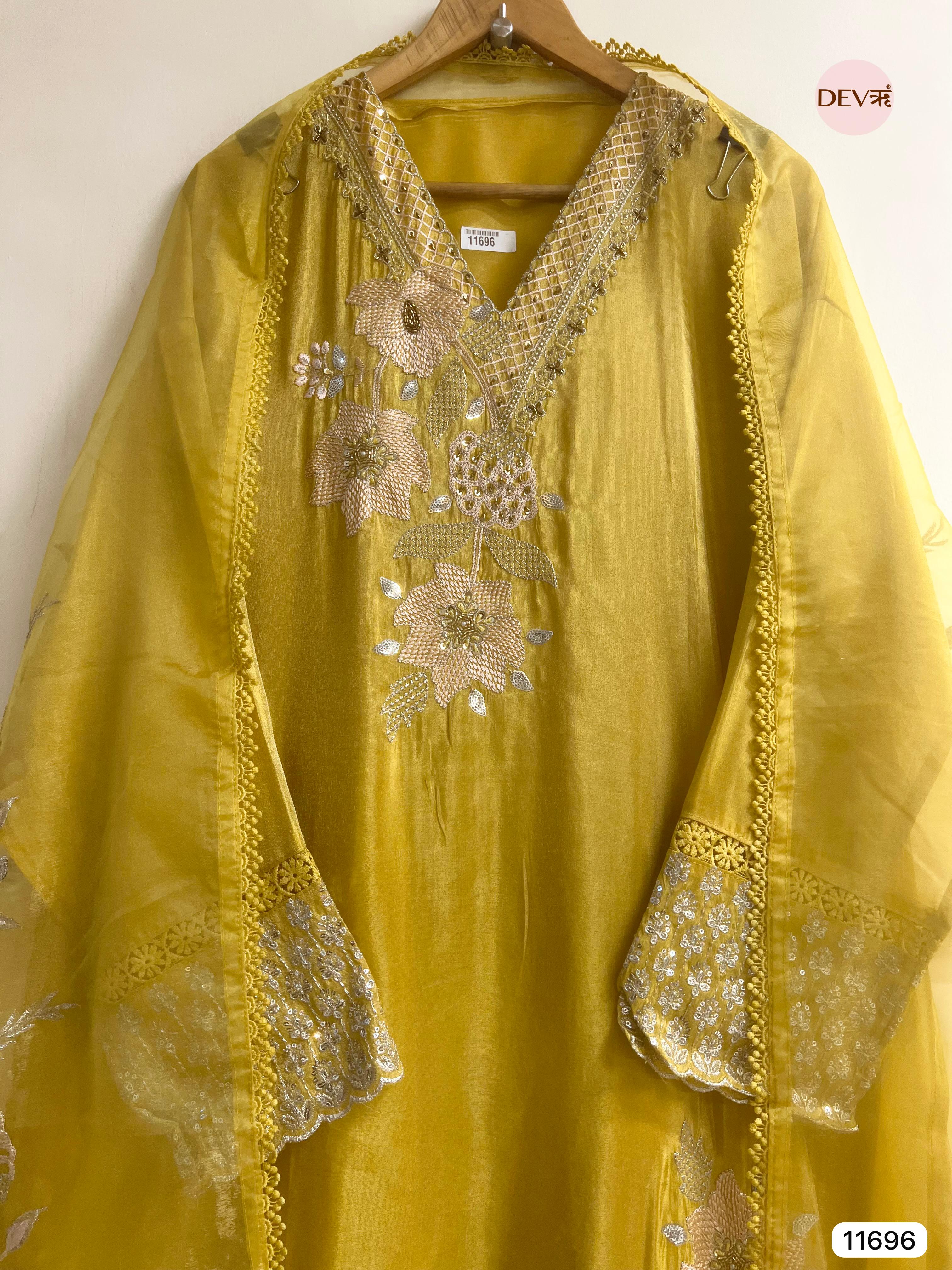 Yellow Tissue Shimmer Silk Semi Stitched Hand Embroidered -Set Of 3- {11696}