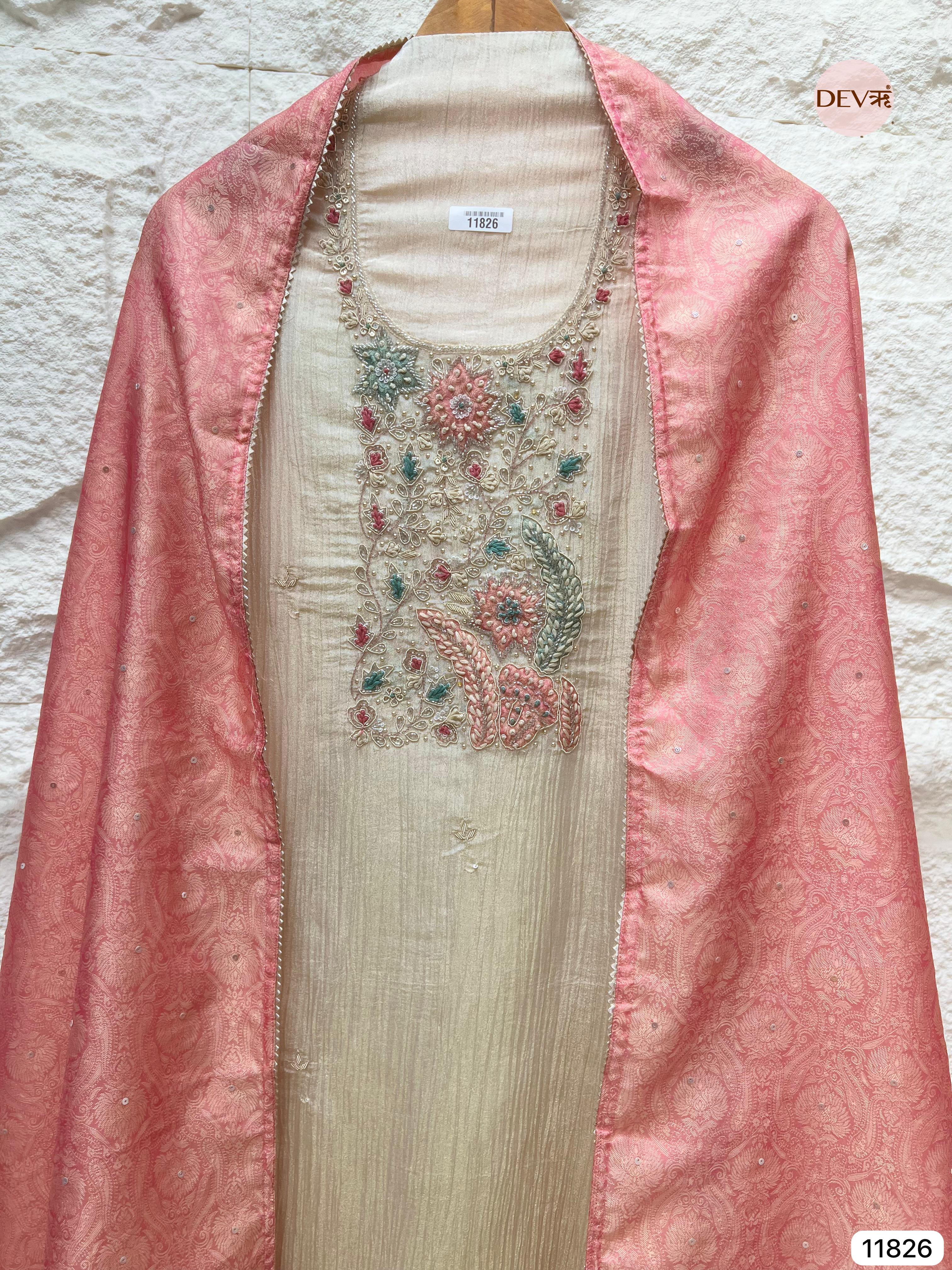 Off White Pure Tissue Crush Silk Unstitched Hand Embroidered -Set Of 3- {11826}