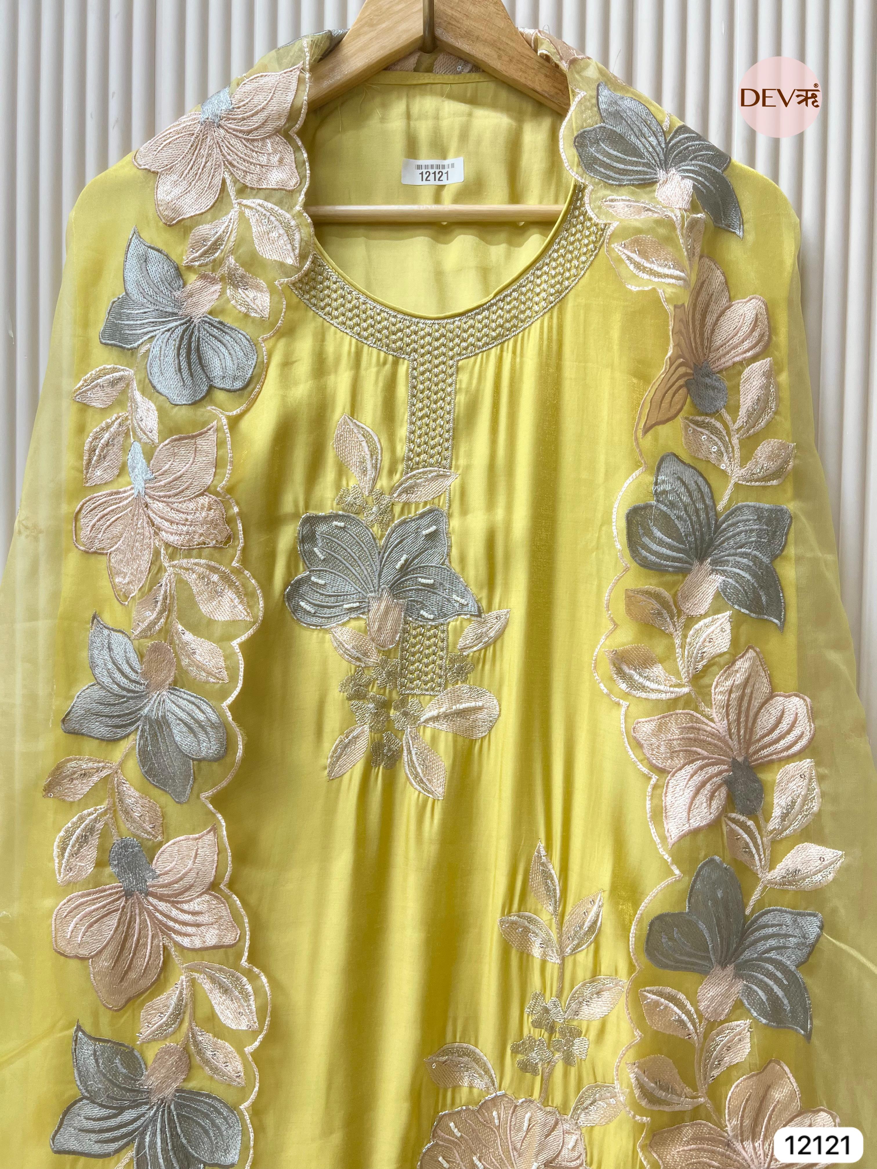 Yellow Organza Silk Unstitched Hand Embroidered -Set Of 3 - {12121}