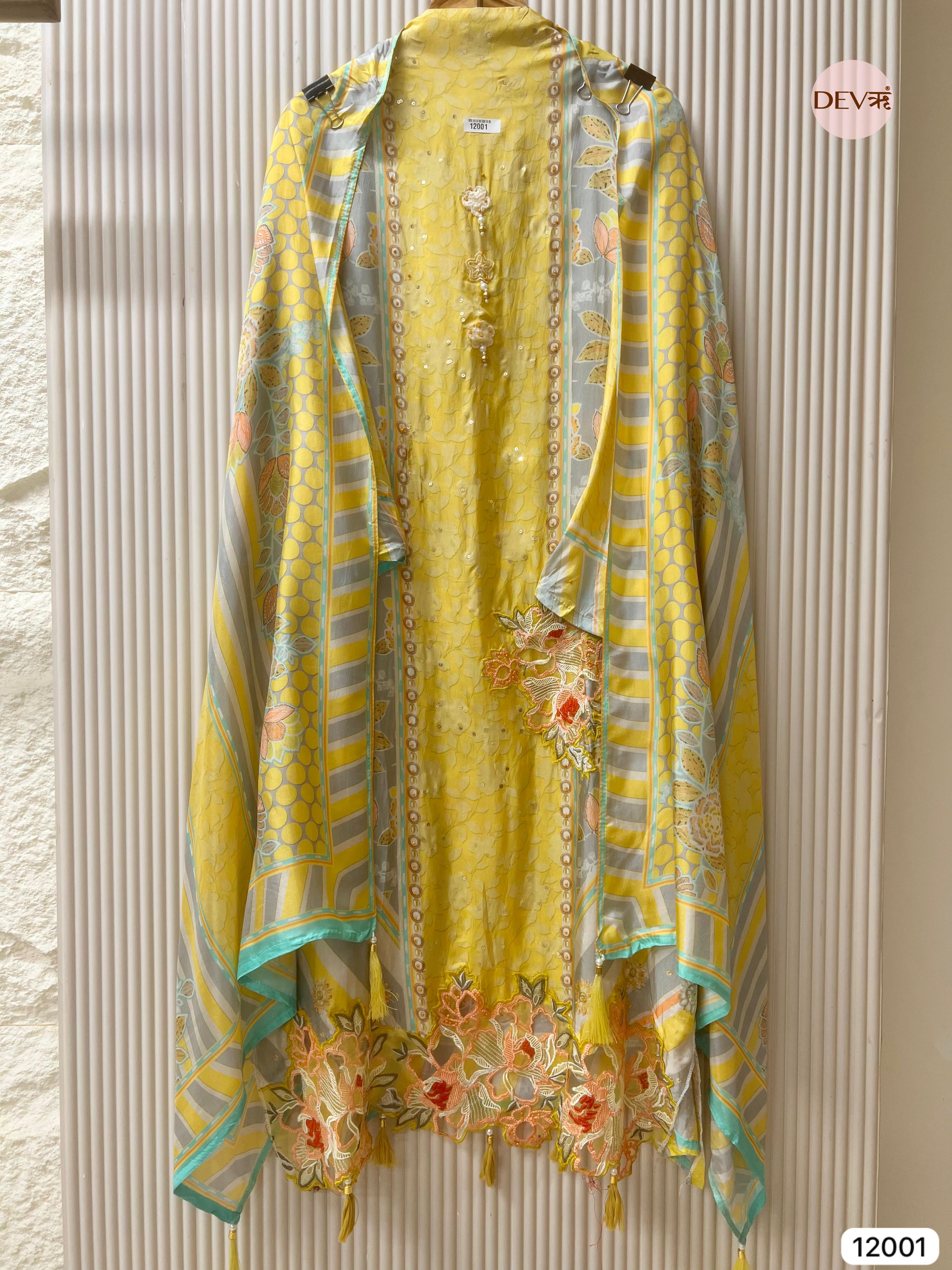 {12001} Yellow Pure Organza Silk Semi stitched Printed Embroidered -Set Of 3