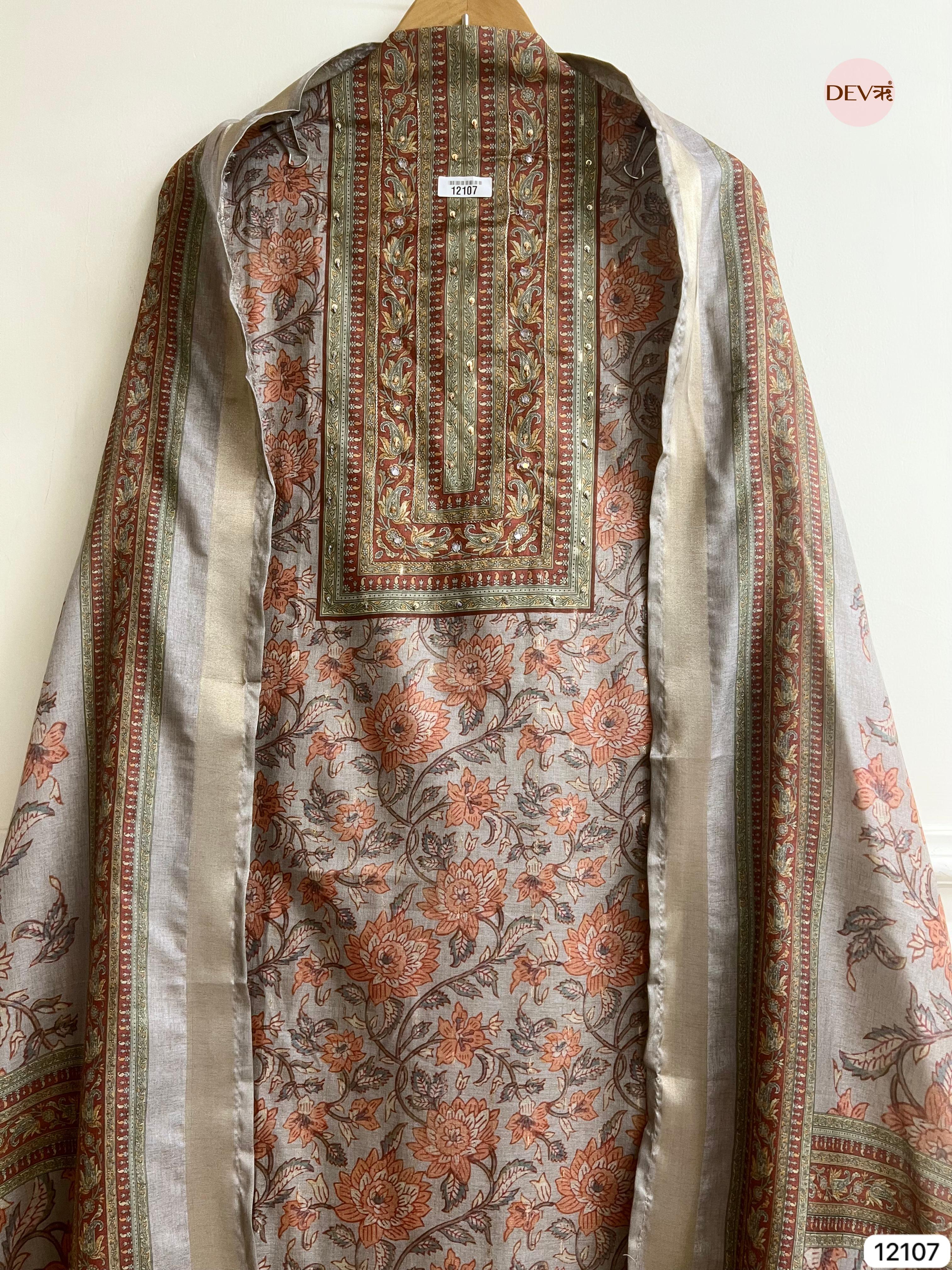 Grey Tusser Khadi Silk Printed Unstitched Hand Embroidered -Set Of 3 - {12107}