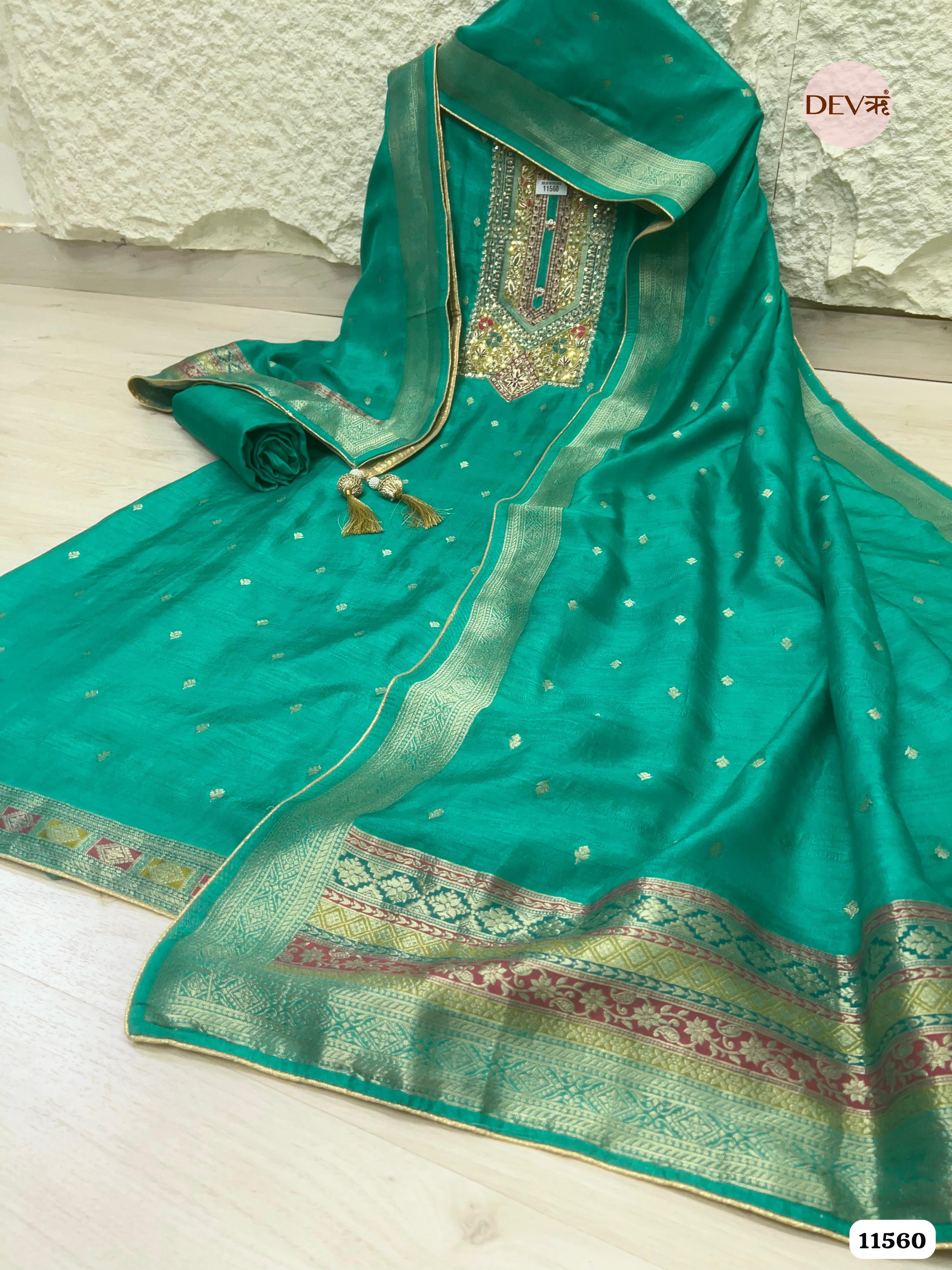 Green Silk Banarasi Weave Unstitched Hand Embroidered -Set Of 3 {11560}