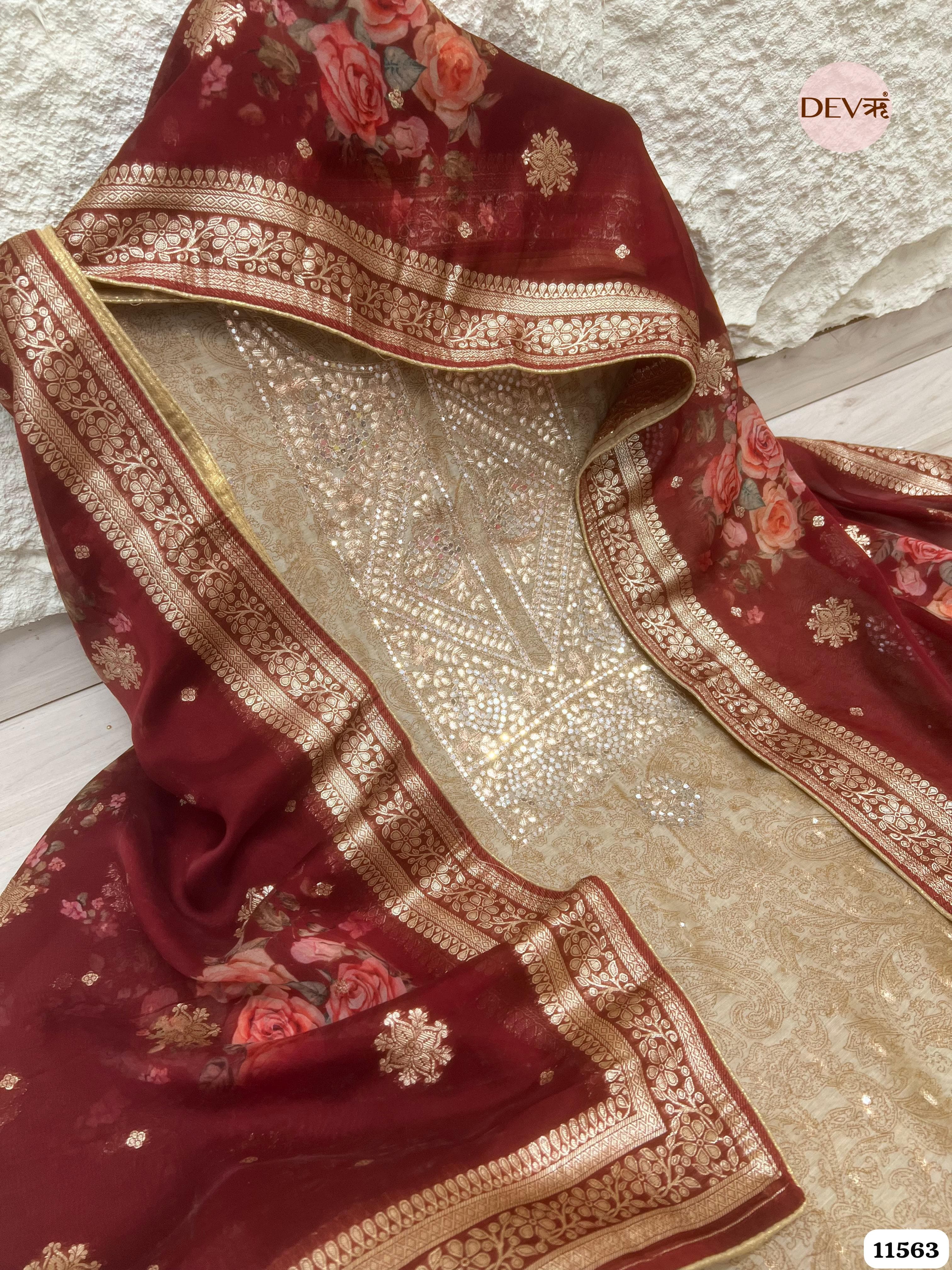 Cream Colour Pure Organza Silk Printed Unstitched Hand Embroidered -Set Of 3 {11563}
