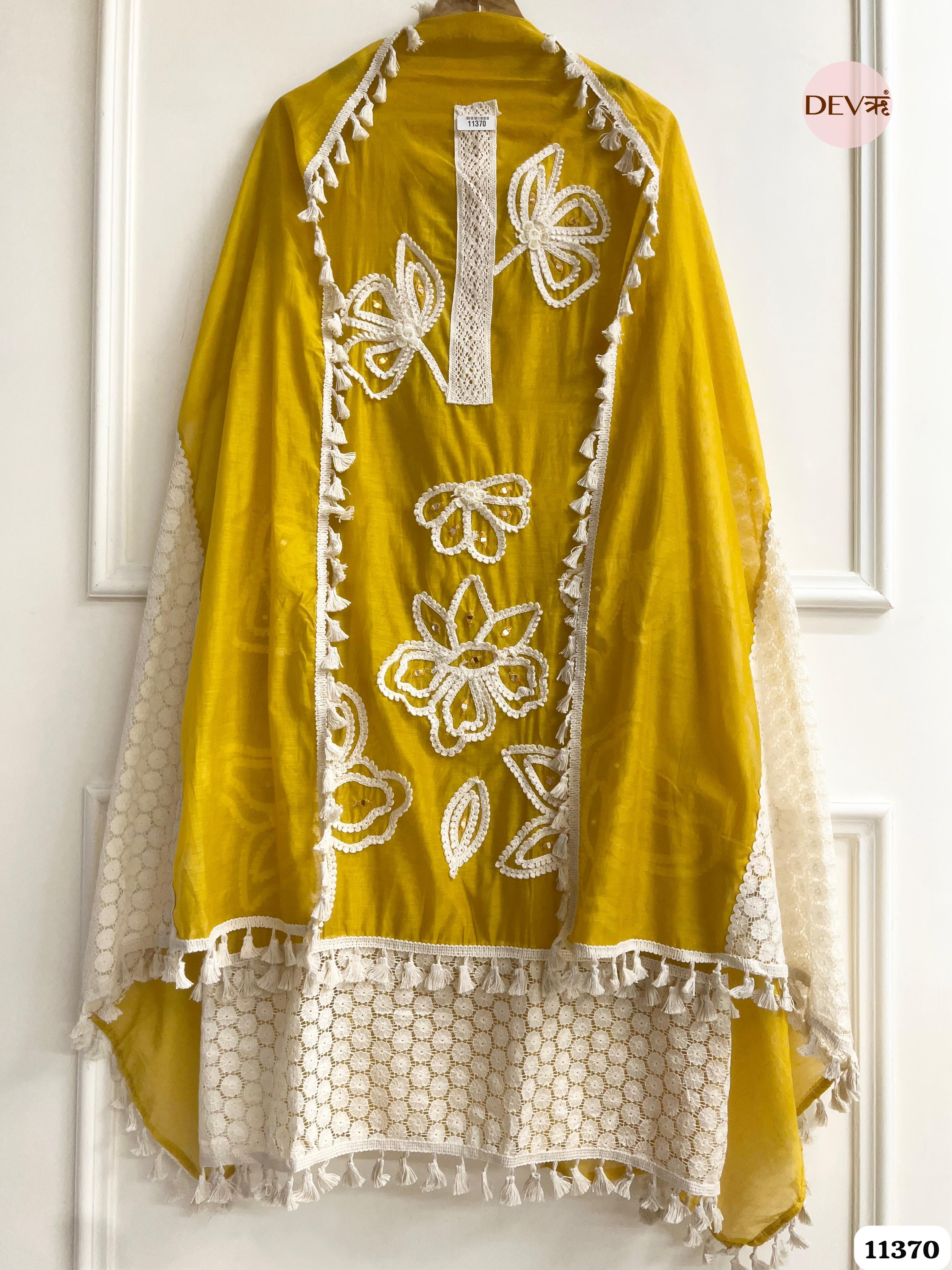 Yellow Mul Chanderi Unstitched Embroidered -Set Of 3 {11370}