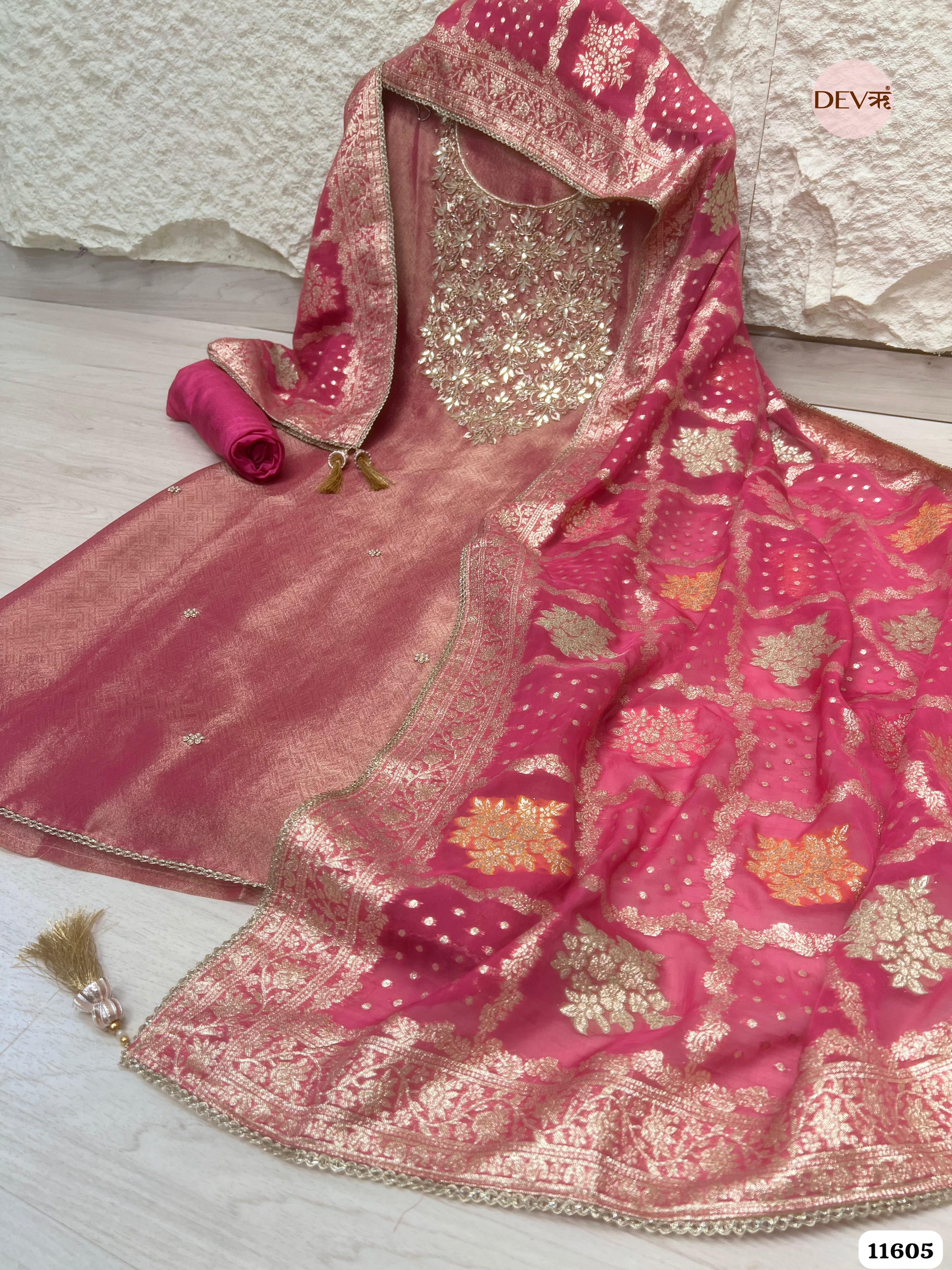 Rose Pink Pure Tissue Banarasi Silk Unstitched Hand Embroidered -Set Of 3 {11605}