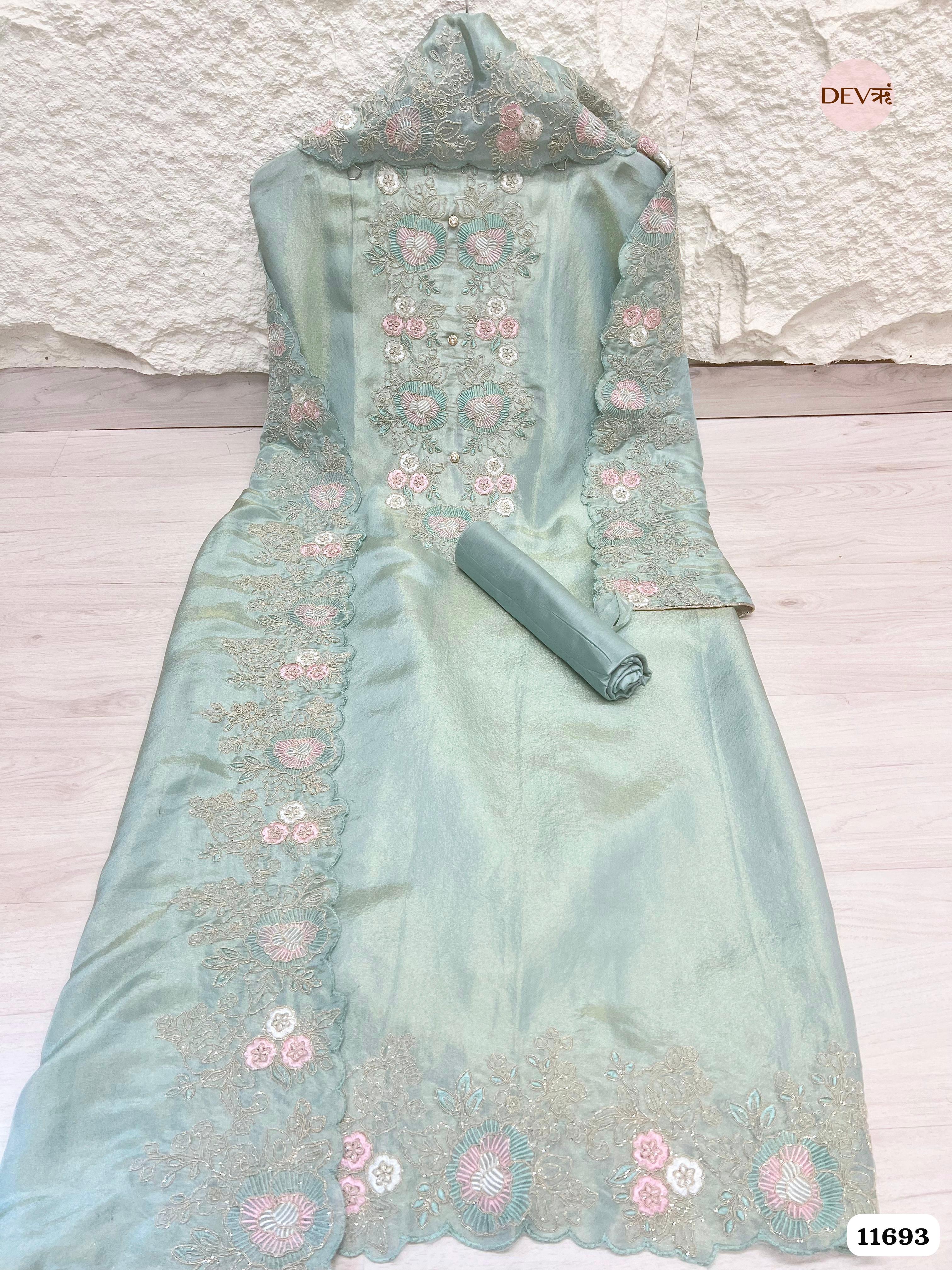 Mint Green Tissue Silk Unstitched Embroidered -Set Of 3 {11693}