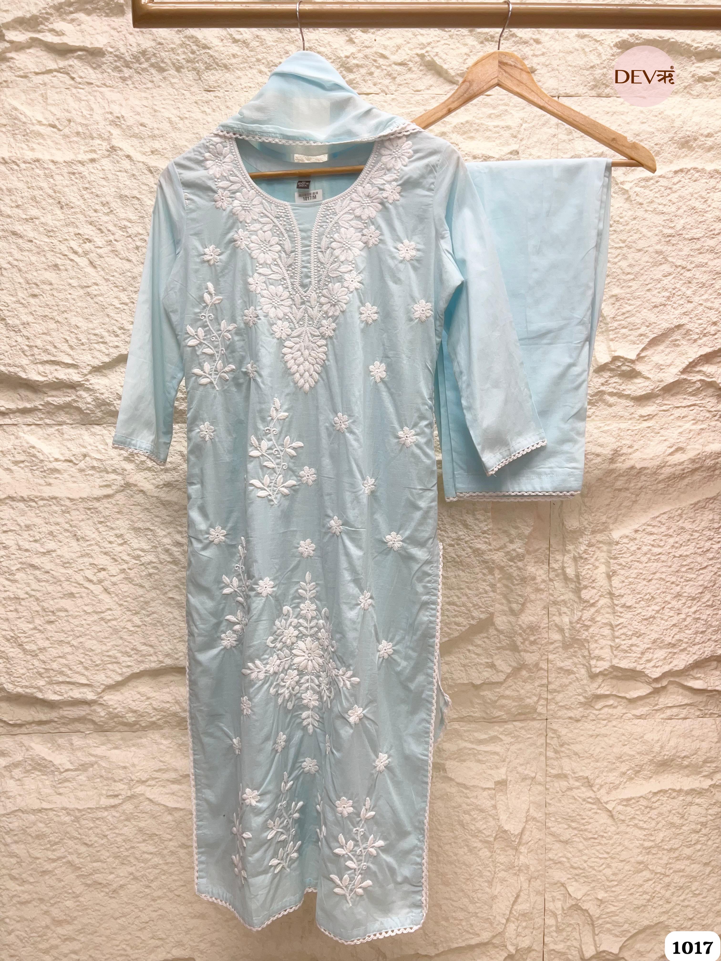 Light Blue Pure Cotton Stiched Embroidered -Set Of 3 {1017}
