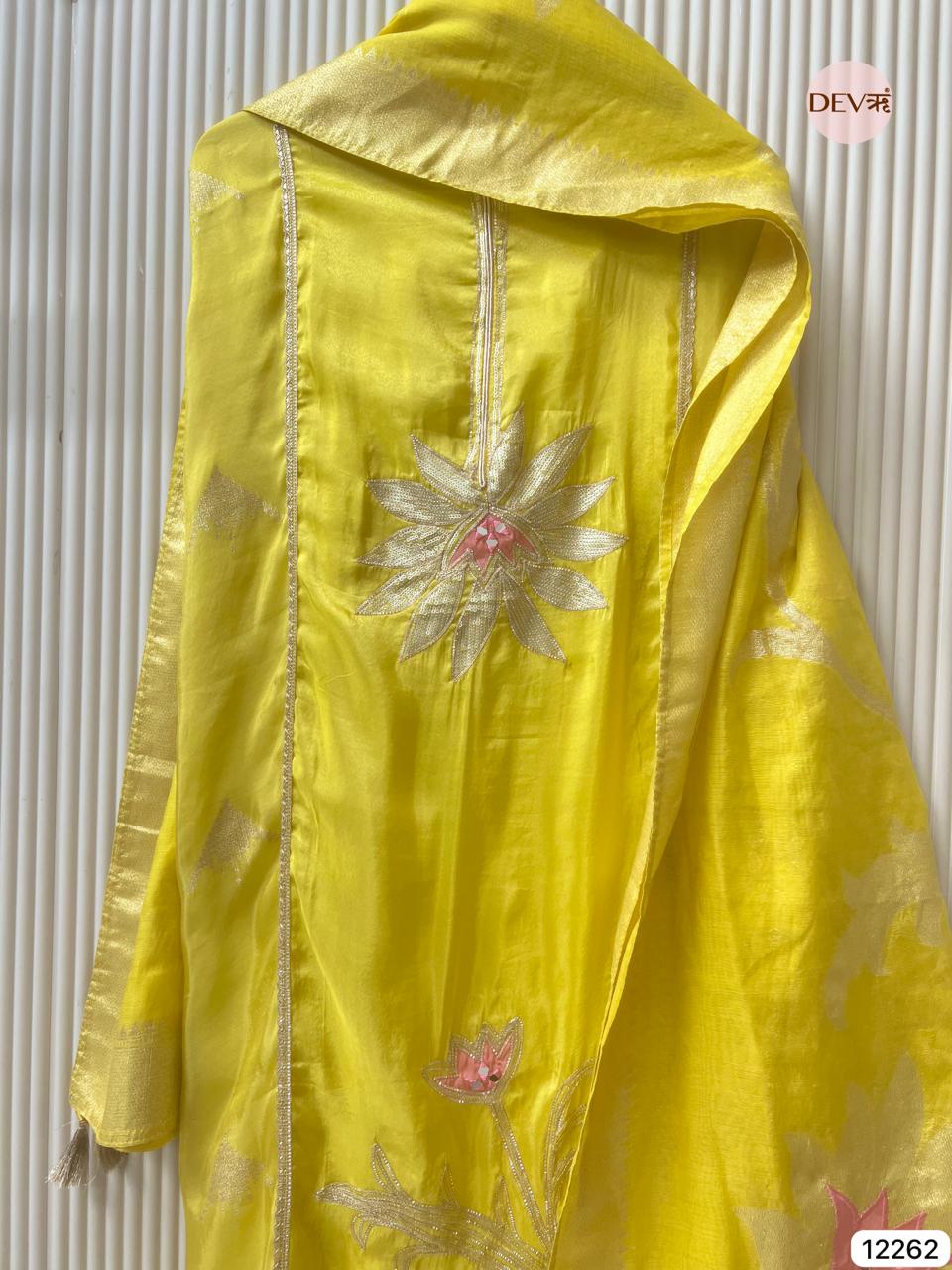 Yellow Shimmer Silk Embroidered Unstitched 3-Piece Suit (Devri – D.No 12262)