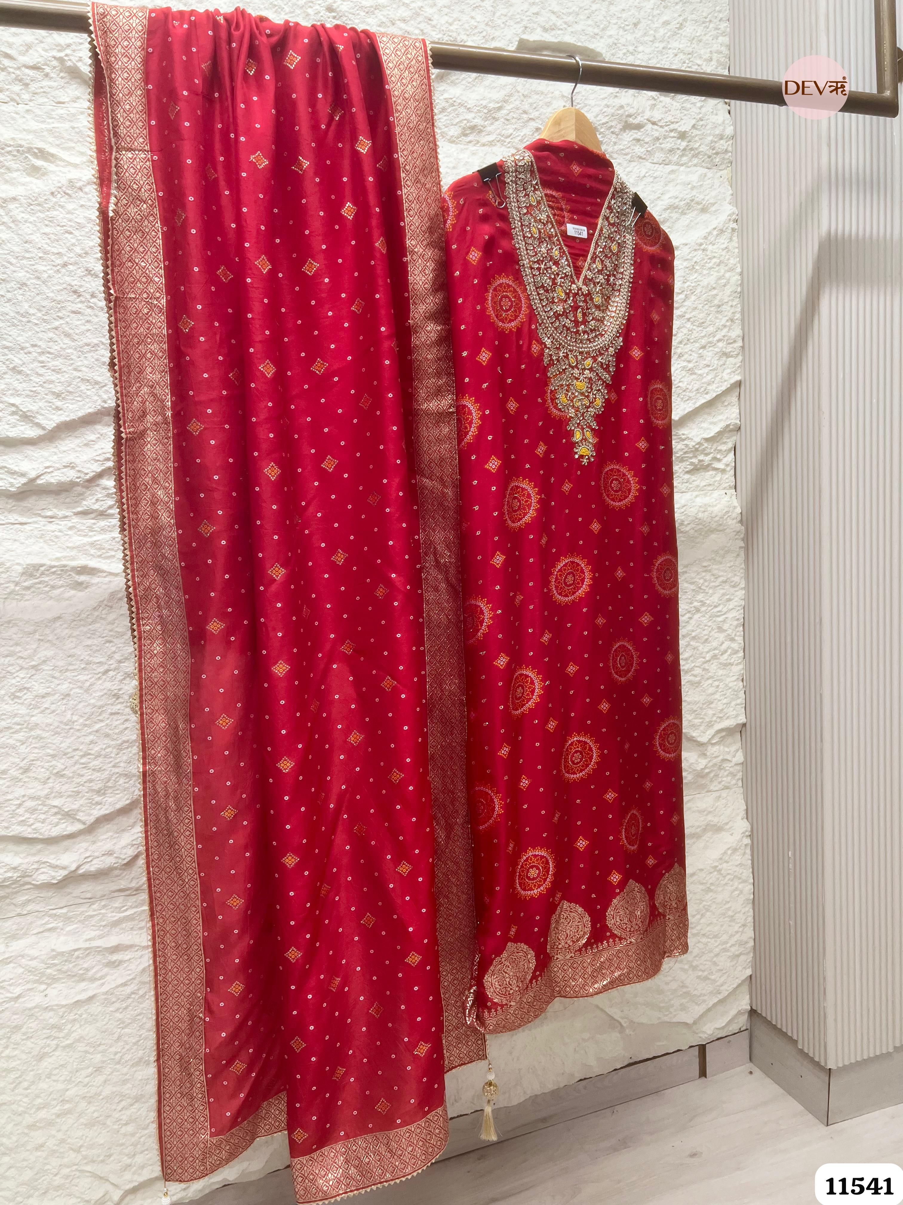Red Pure Russian Silk Banarasi Woven Unstitched Hand Embroidered -Set Of 3 {11541}