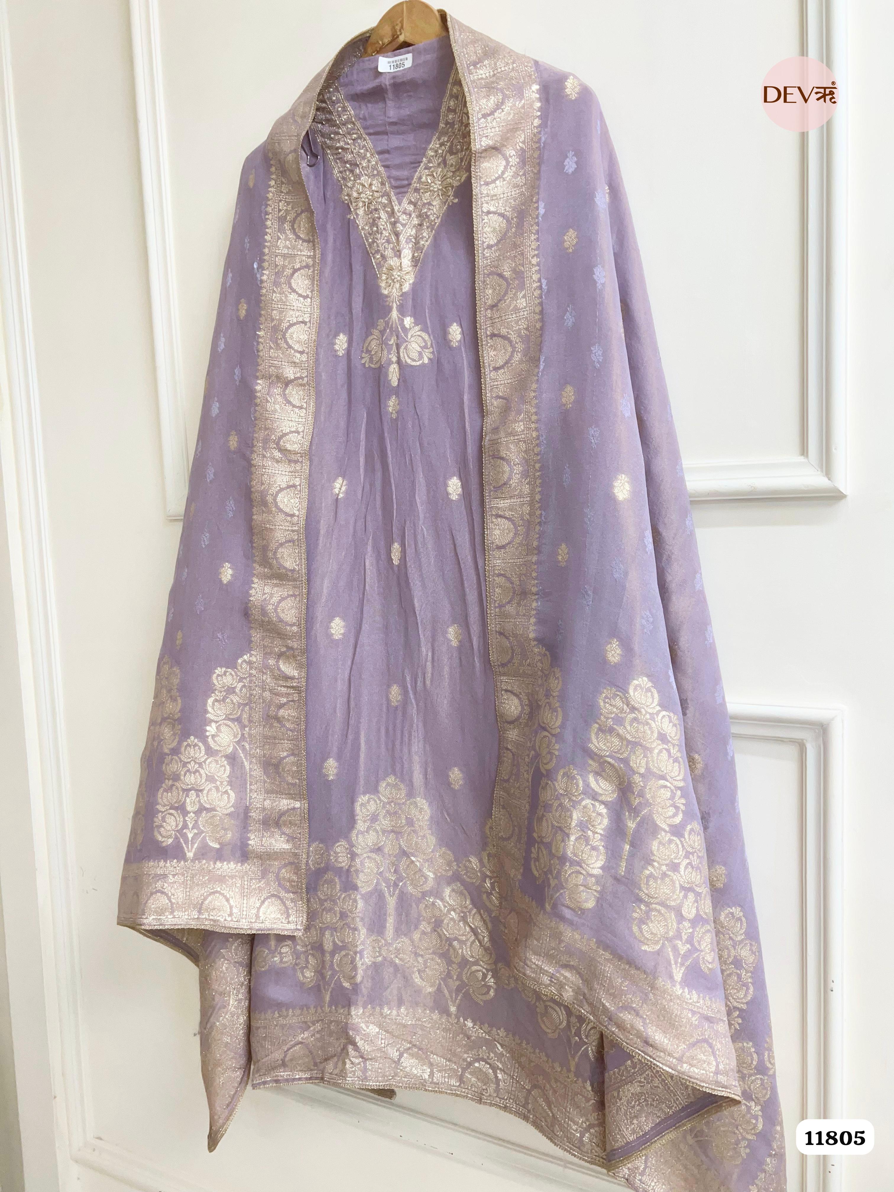Purple Tissue Silk Unstitched Banarasi Weave Hand Embroidered -Set Of 3 {11805}