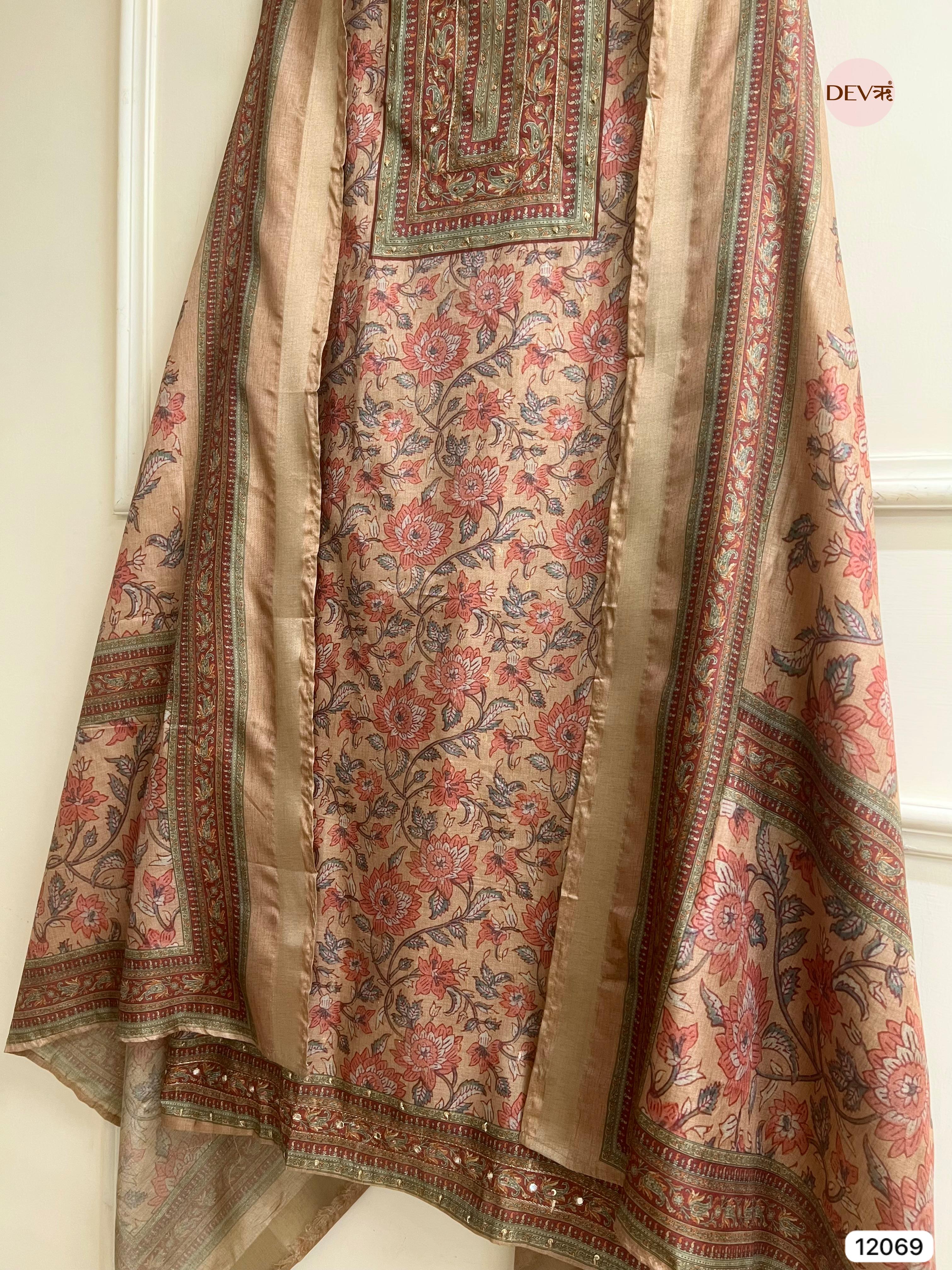 Multi Colour Tusser Khadi Silk Printed Unstitched Hand Embroidered -Set Of 3 - {12069}