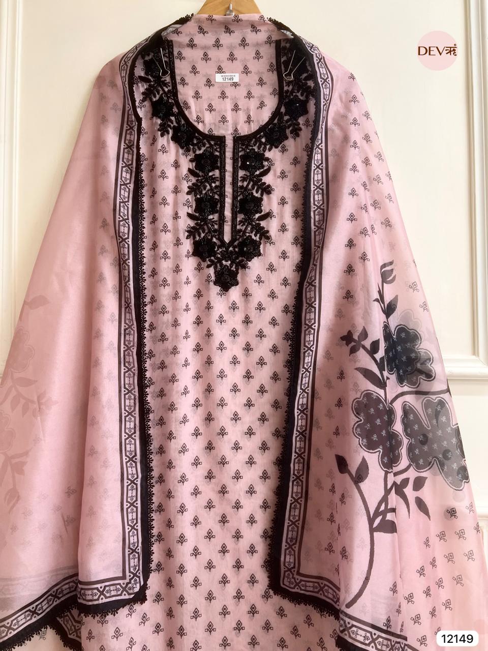 Pink Pure Organza Unstitched Printed Hand Embroidered -Set Of 3 - {12149}