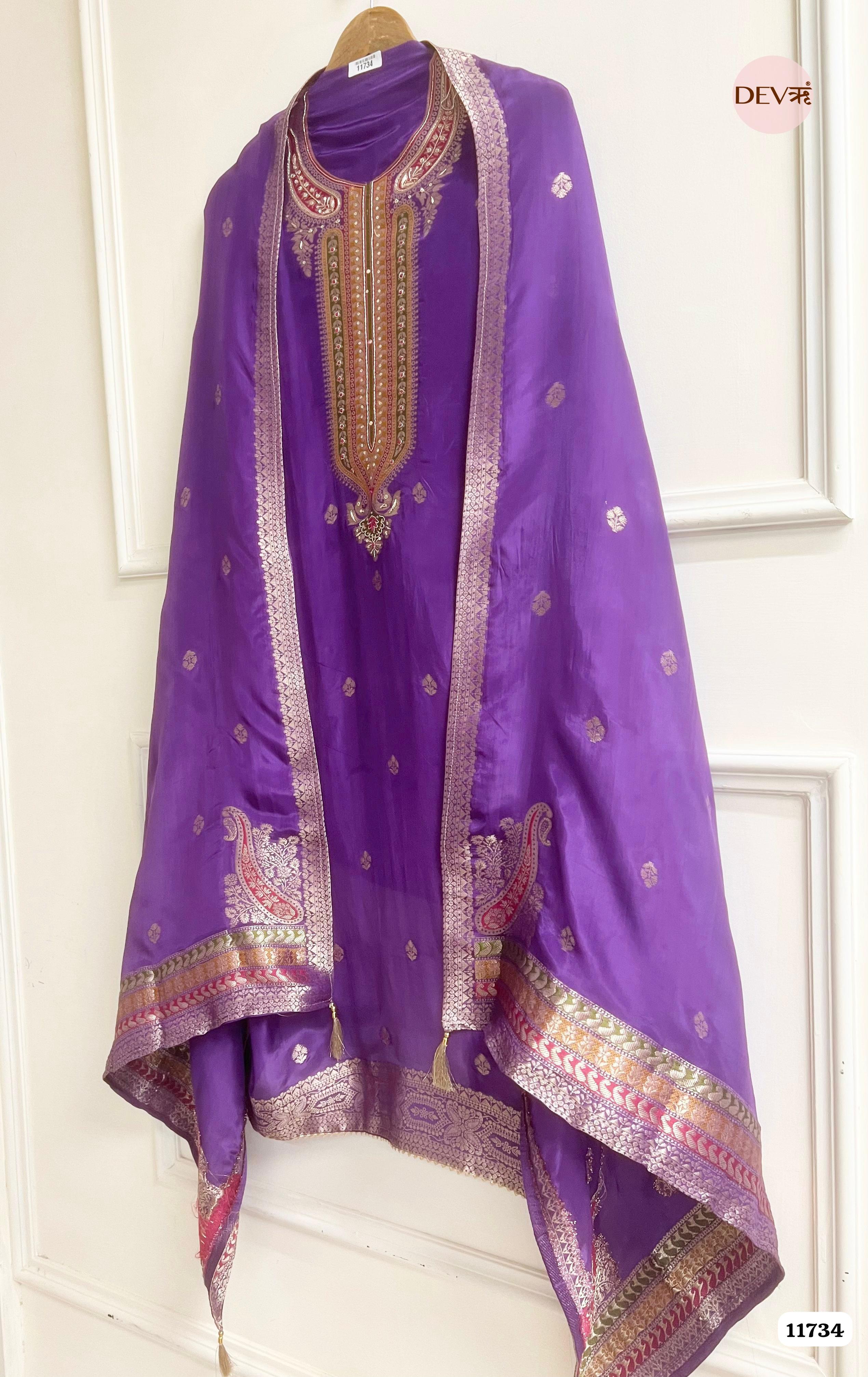Purple Organza Silk Unstitched Banarasi Weave Hand Embroidered -Set Of 3 {11734}