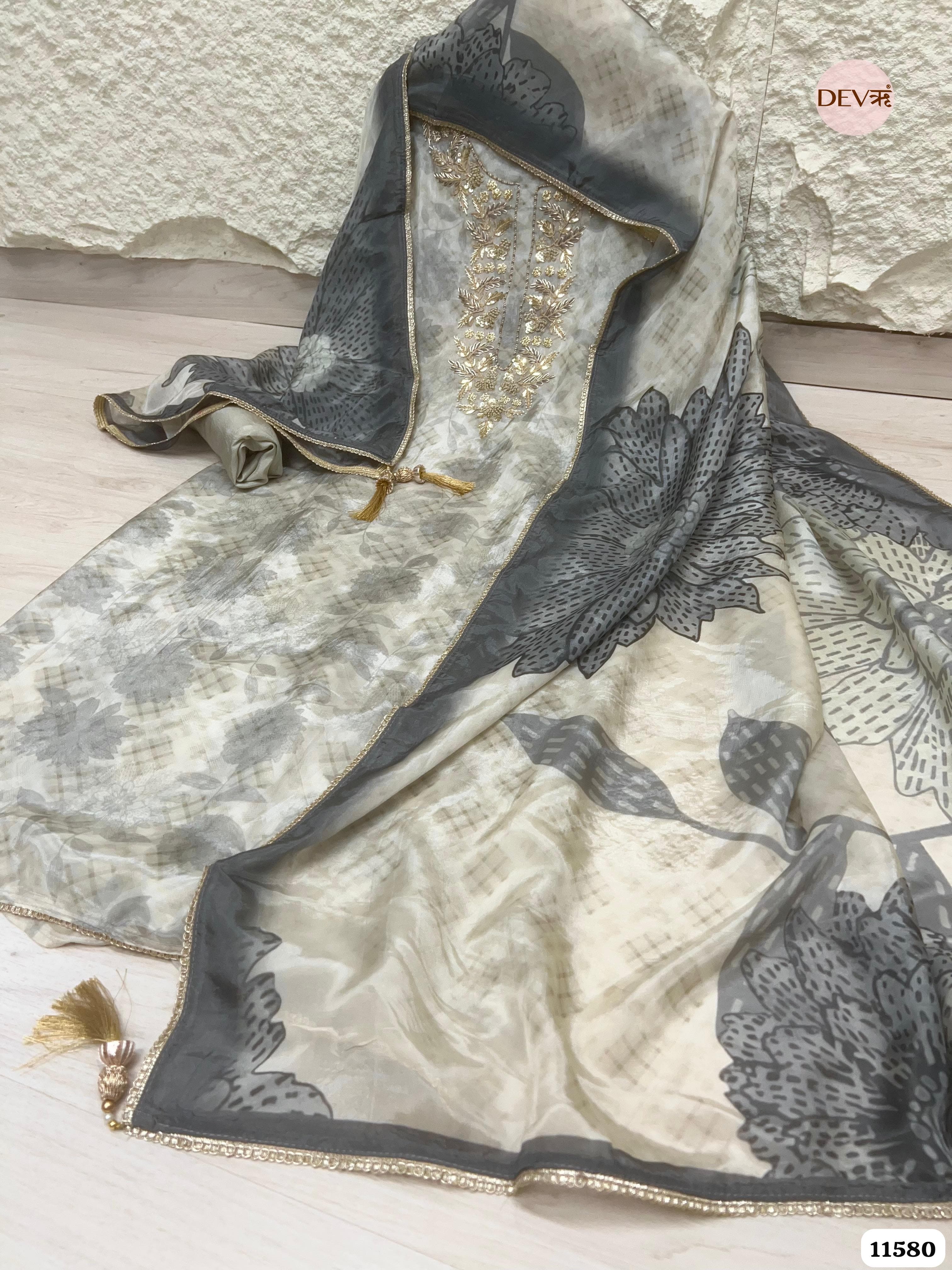 Grey Pure Organza Silk Unstitched Printed Hand Embroidered -Set Of 3 {11580}