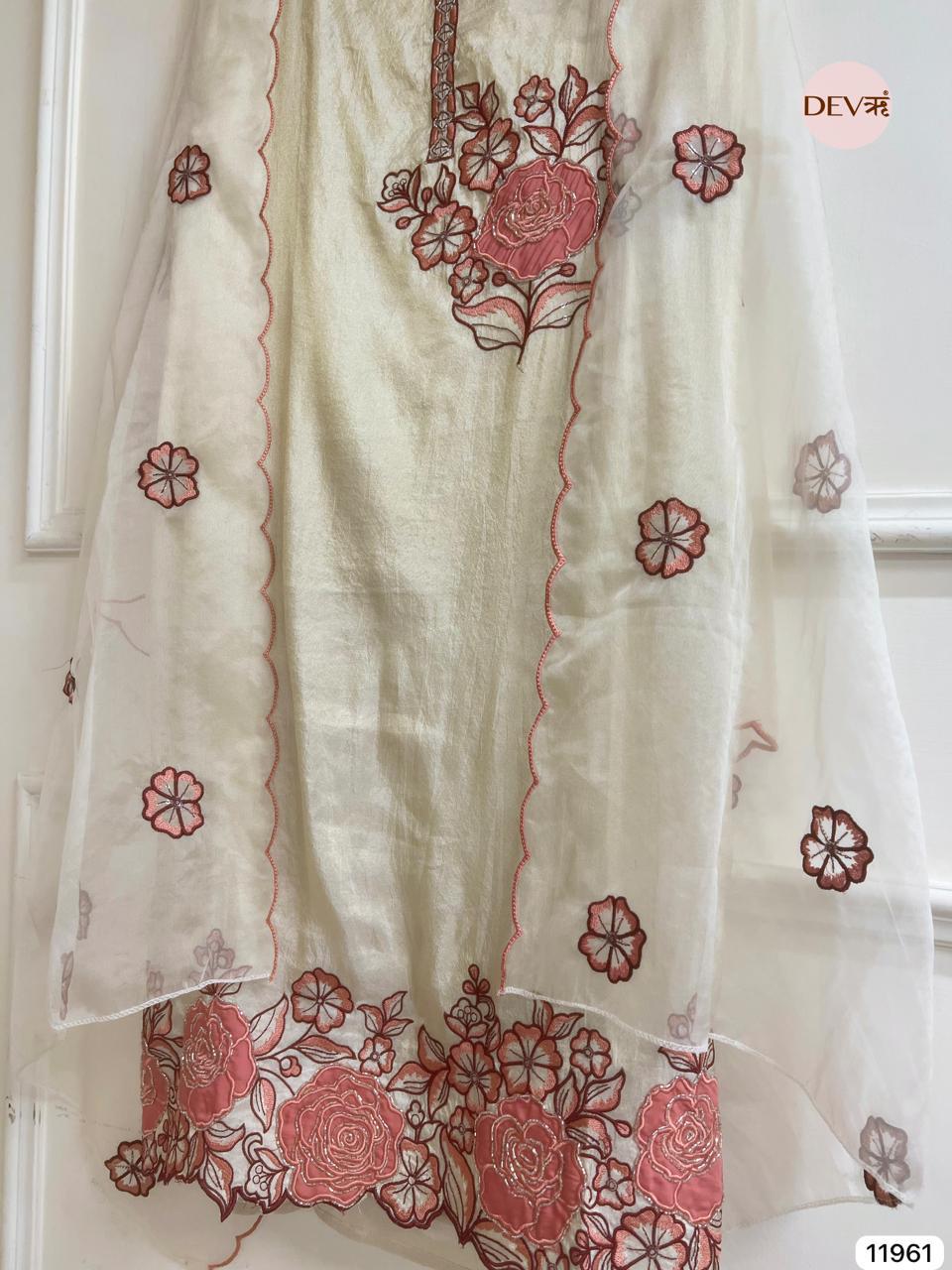 Ivory Tissue Shimmer Embroidered Unstitched 3-Piece Suit (Devri – D.No 11961)