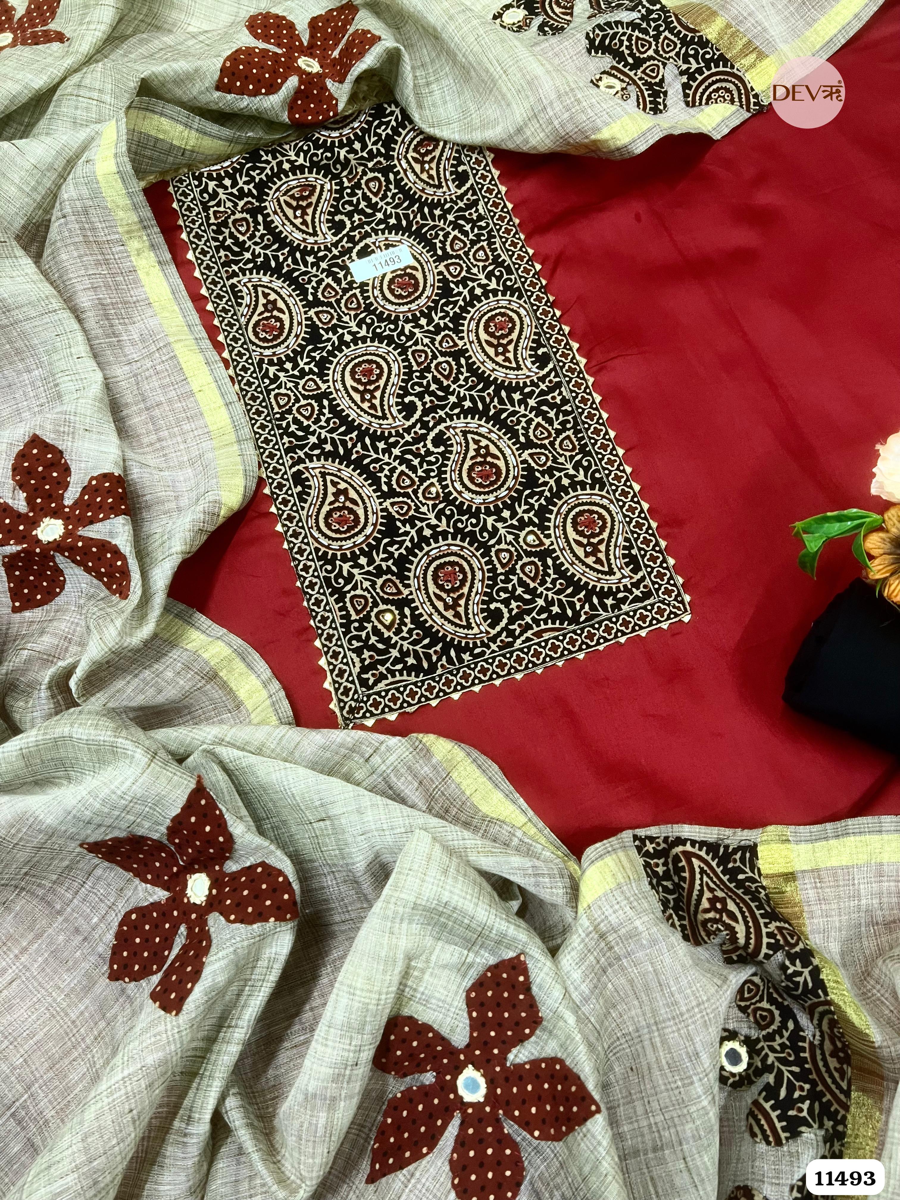 Red Cotton Jaam Unstitched Printed Hand Embroidered -Set Of 3 {11493}