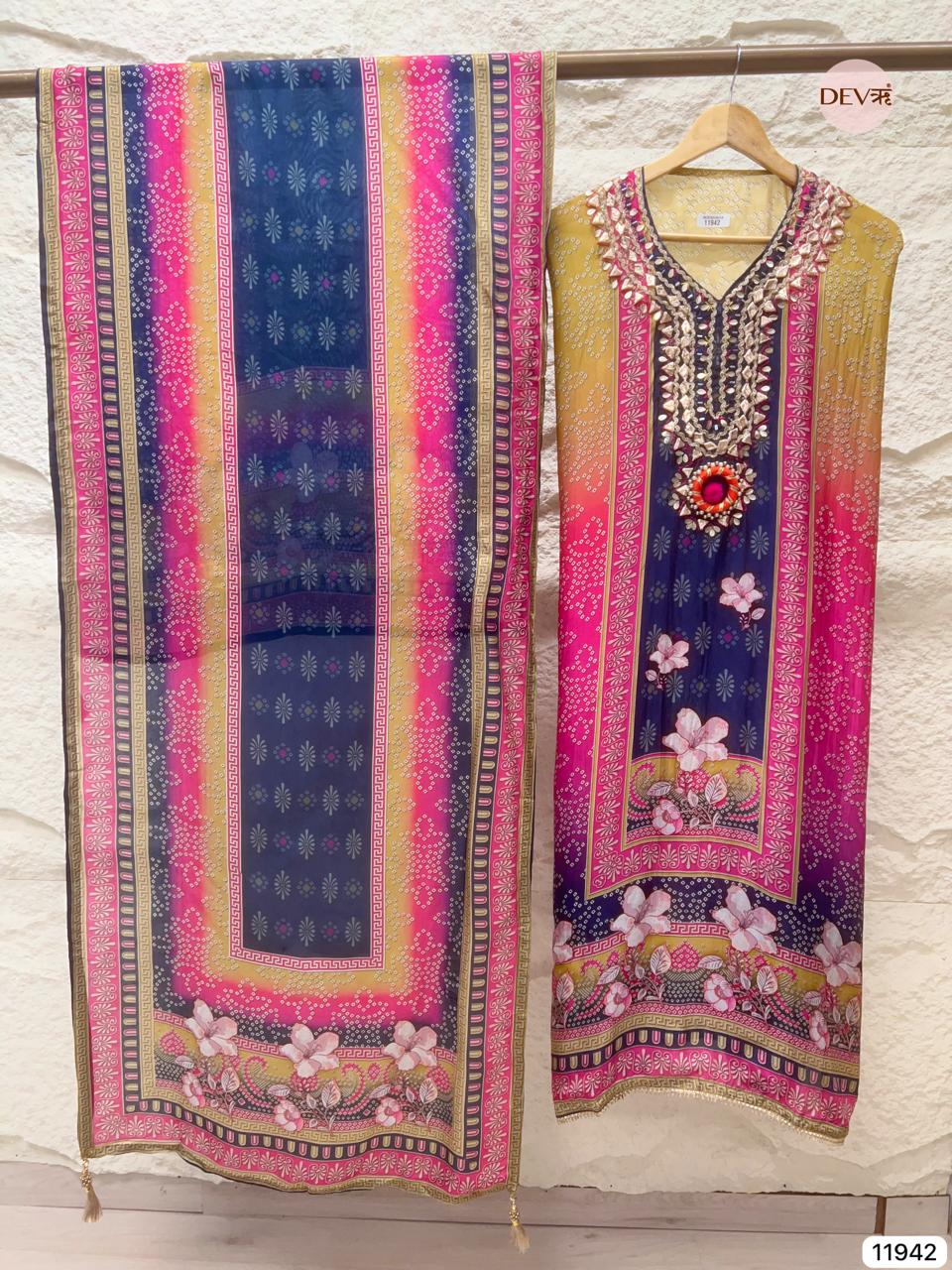 Blue Tissue Shimmer Silk Unstitched Printed Hand Embroidered -Set Of 3 - {11942}