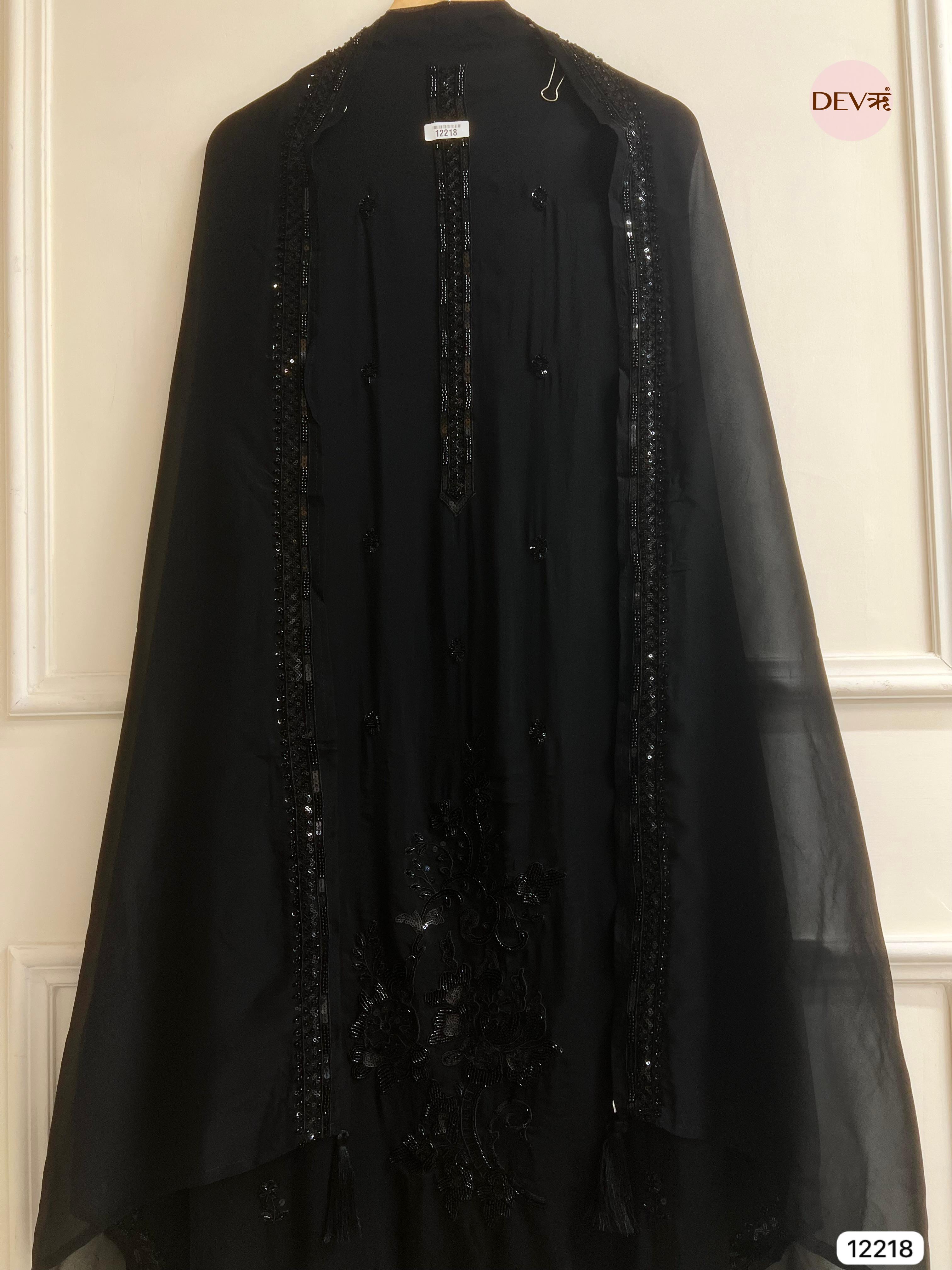 Black Organza Hand-Embroidered Unstitched 3-Piece Suit (Devri – D.No 12218)