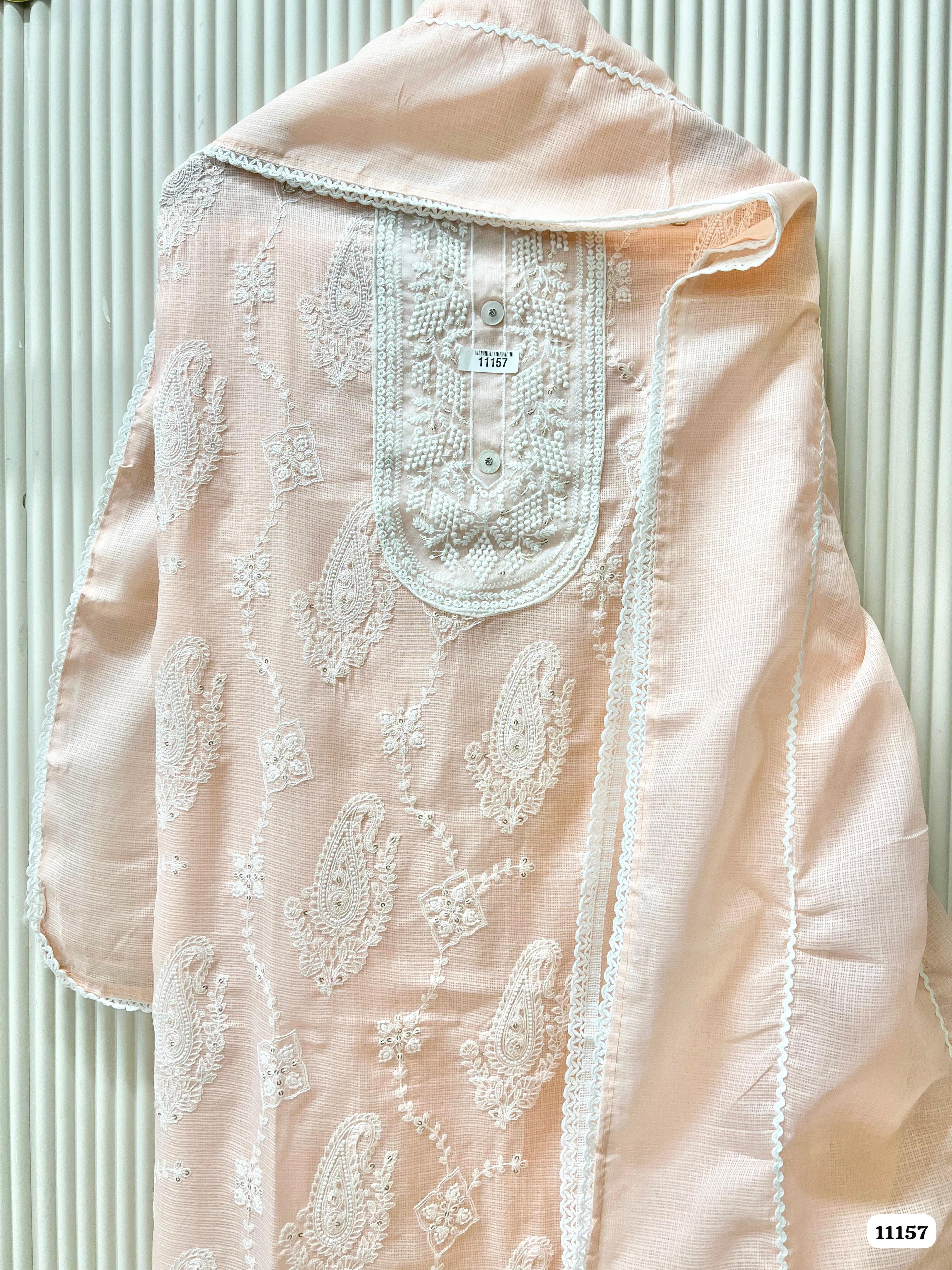 Cream Kota Unstitched Embroidered -Set Of 3