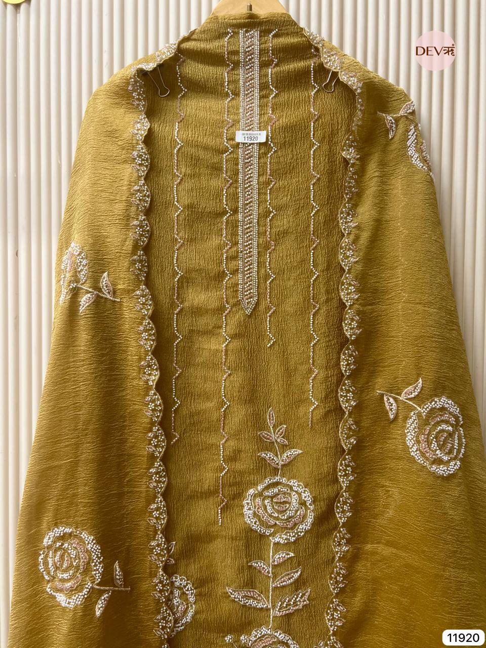 Yellow Pure Tissue Crush Unstitched Hand Embroidered -Set Of 3 - {11920}