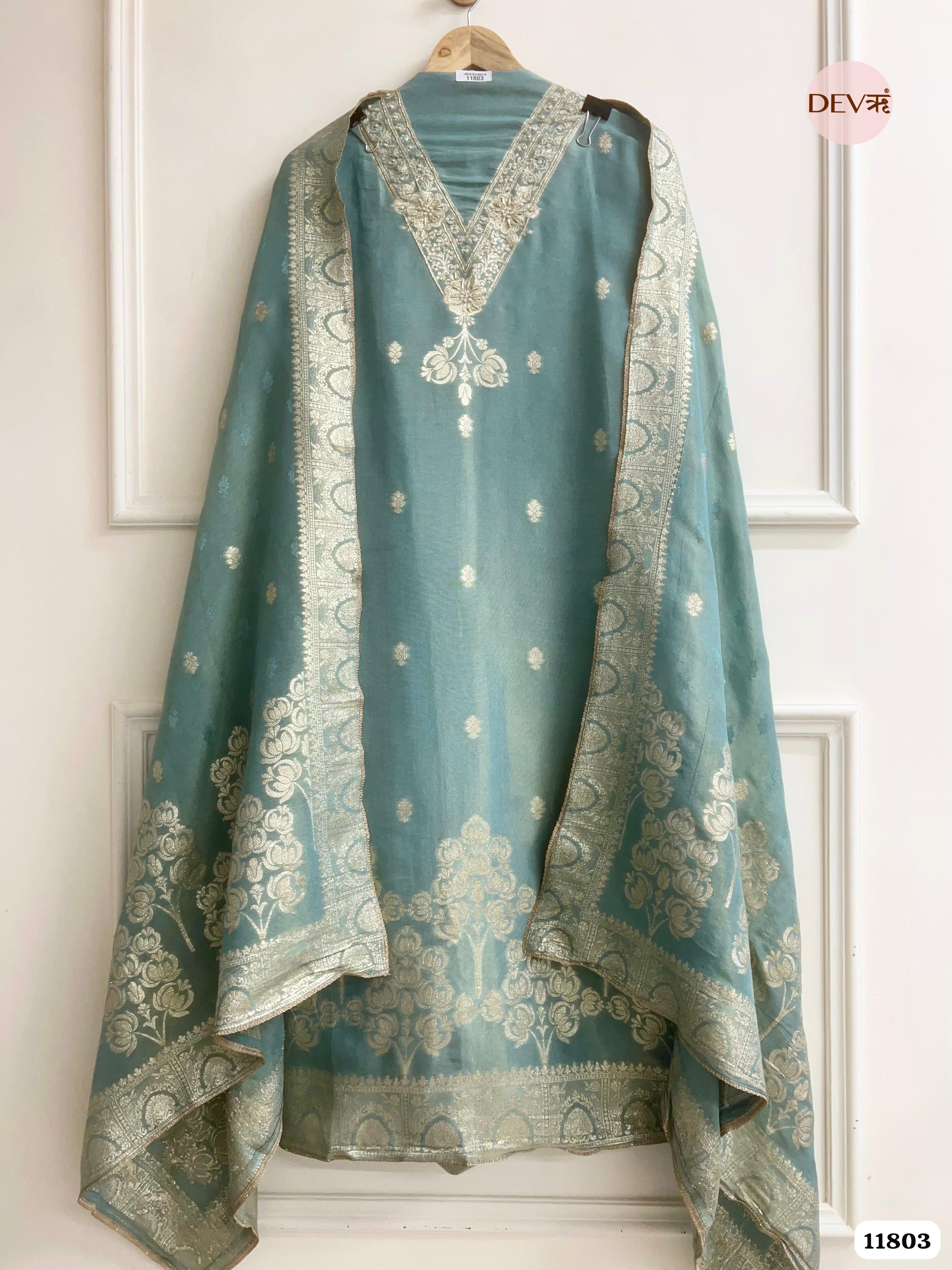 Green Tissue Silk Unstitched Banarasi Weave Hand Embroidered -Set Of 3 {11803}