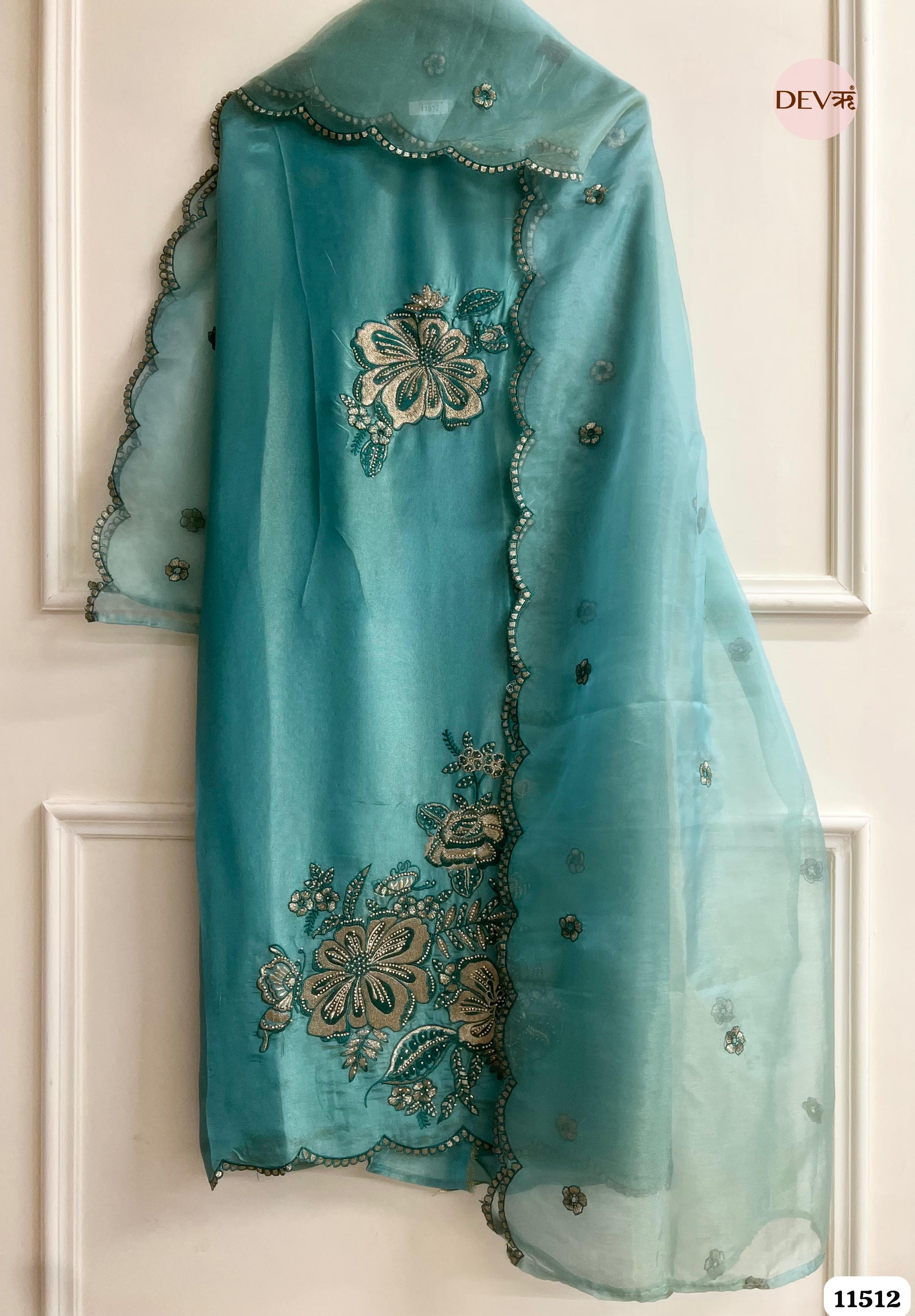 Firoza Blue or Sea Green Tissue Silk Unstitched Hand Embroidered -Set Of 3 {11512}