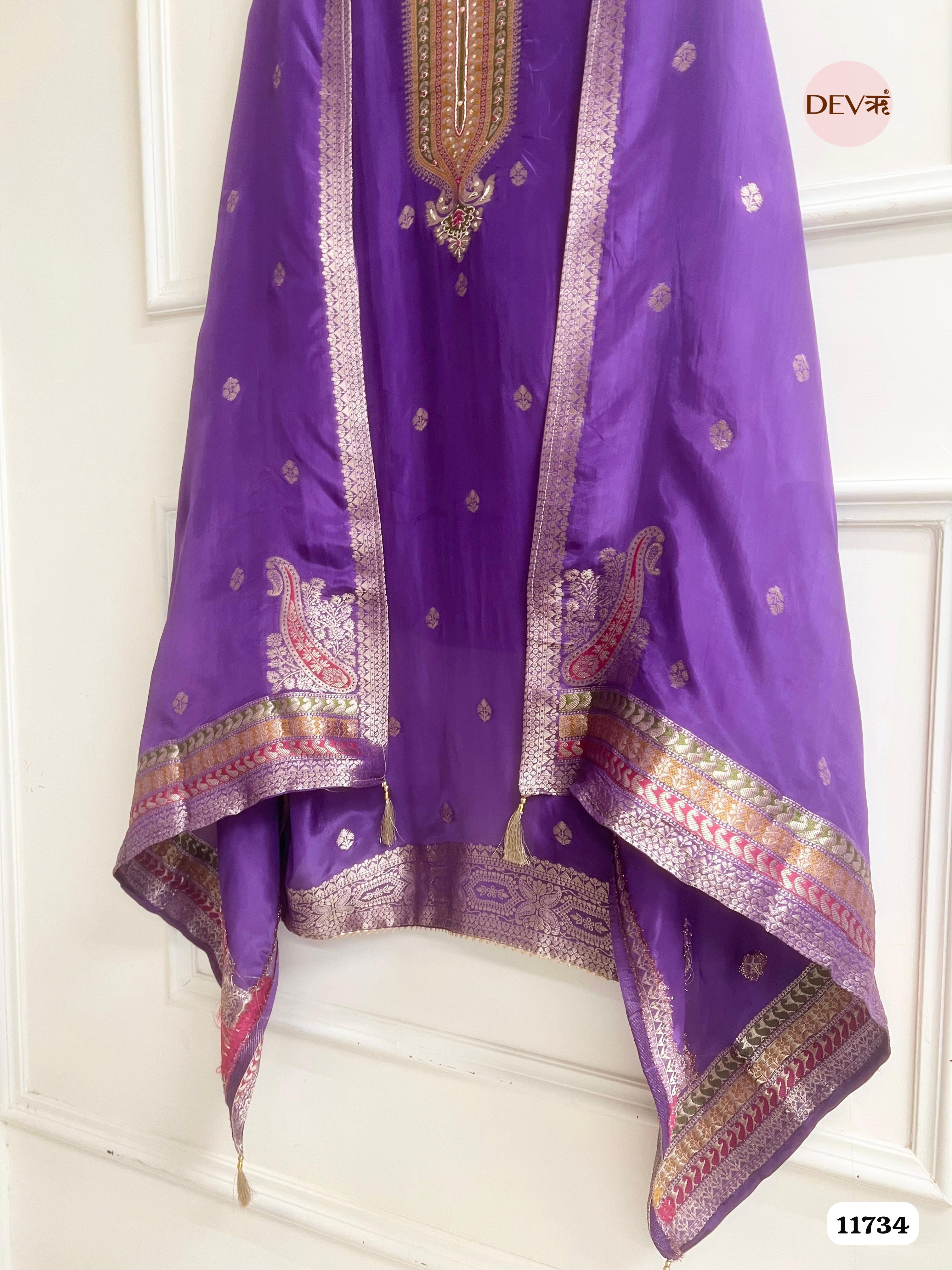 Purple Organza Silk Unstitched Banarasi Weave Hand Embroidered -Set Of 3 {11734}