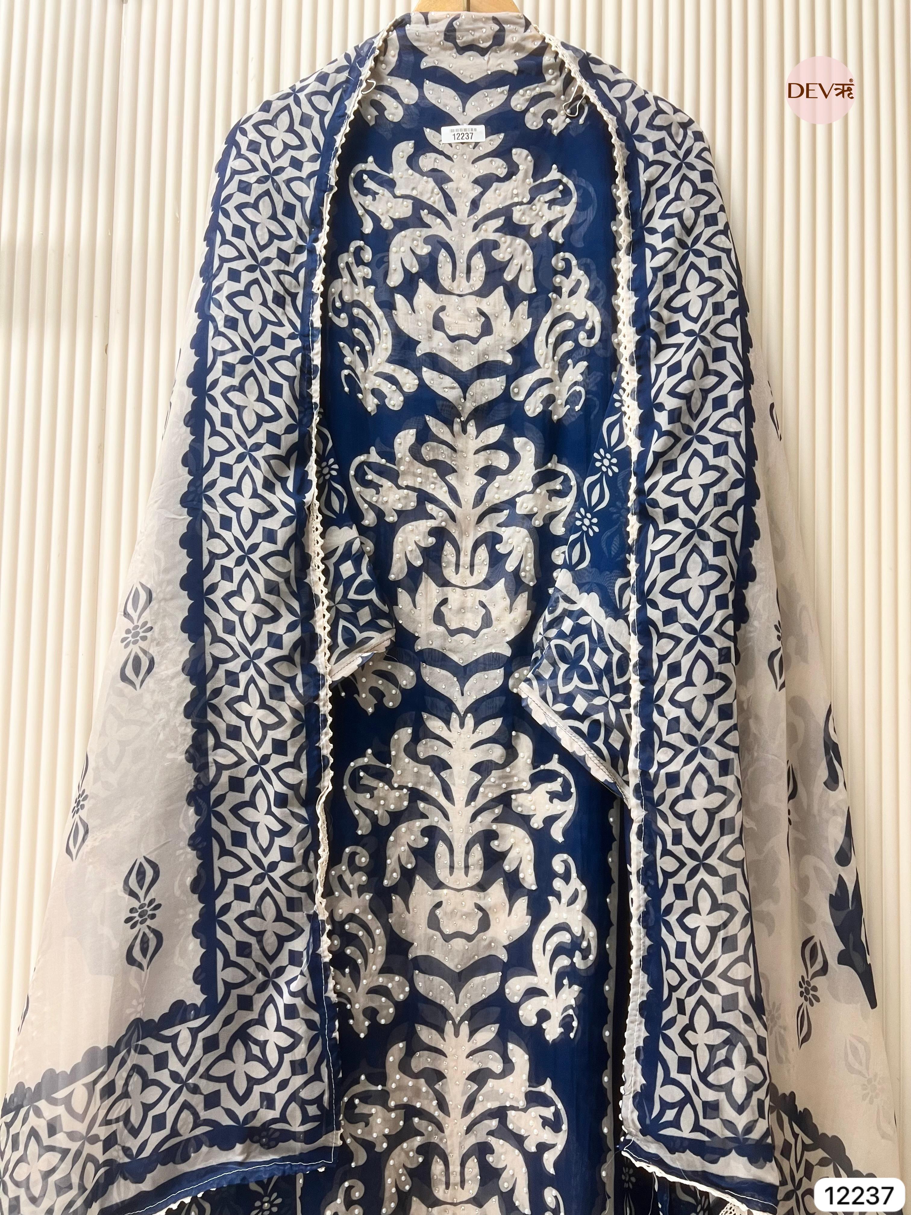 Navy Organza Printed Unstitched 3-Piece Suit (Devri – D.No 12237)