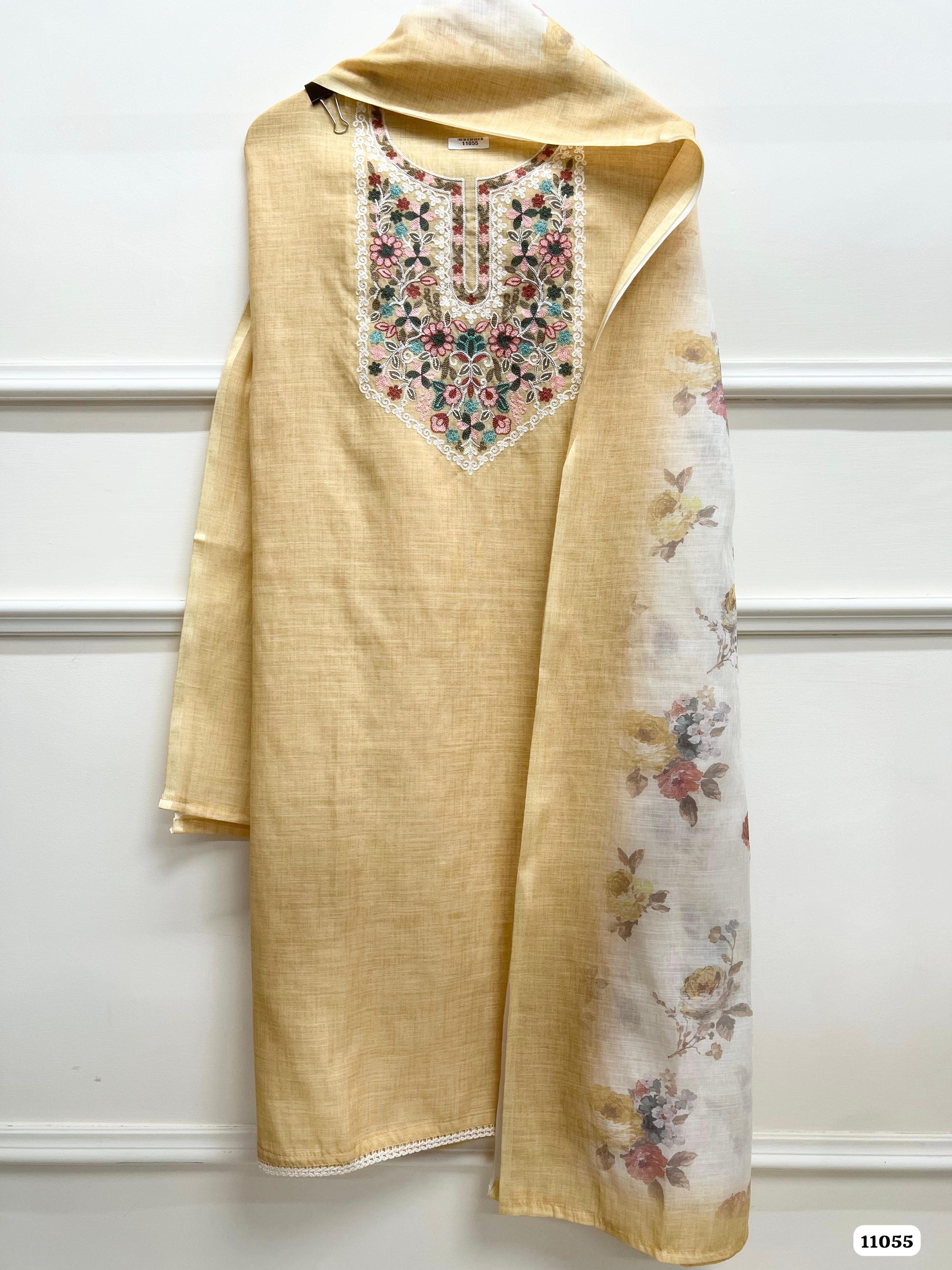 Cream Khadi Cotton Unstitched Embroidered -Set Of 3 {11055}