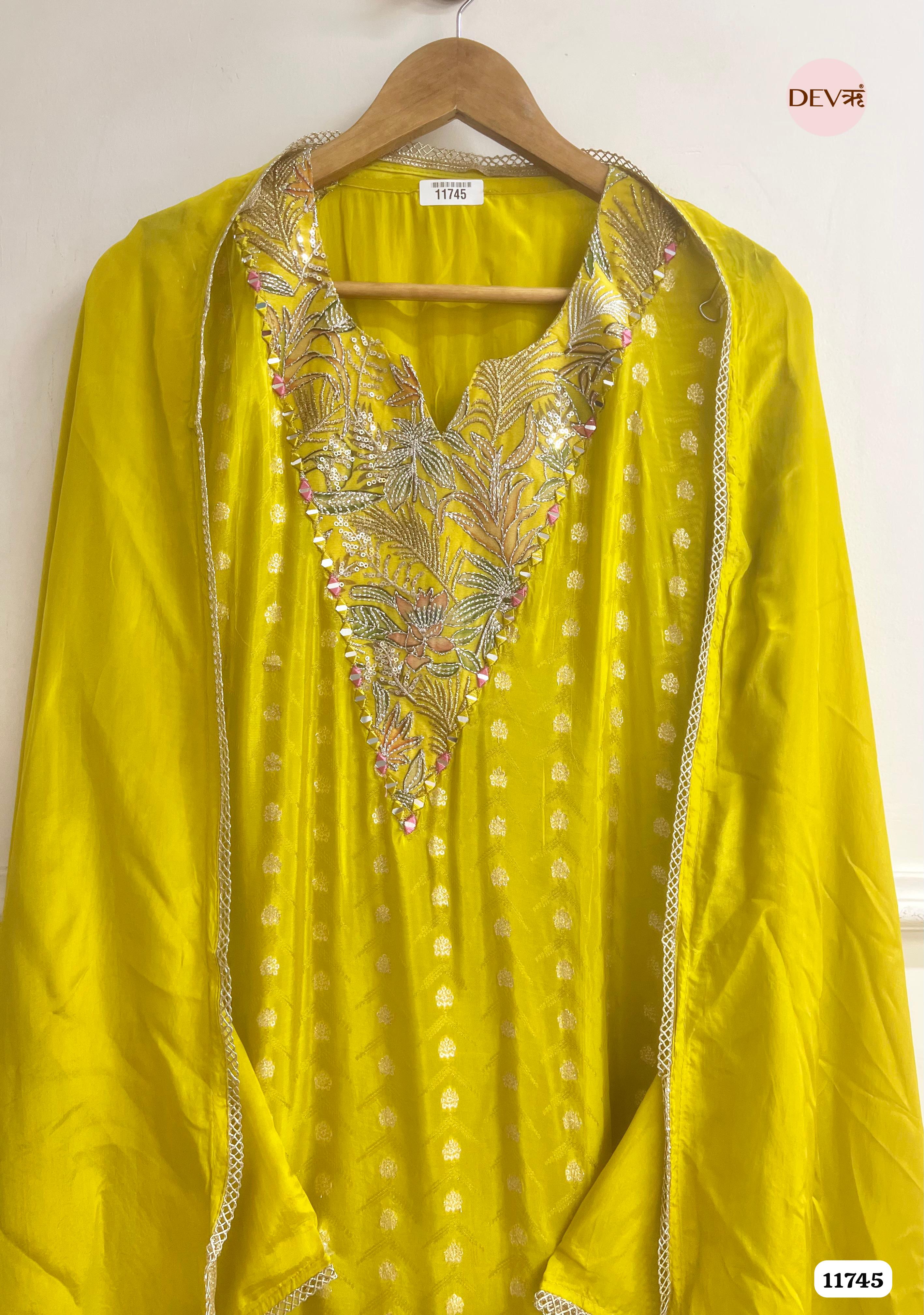 Yellow Tissue Shimmer Silk UnstitchedHand Embroidered -Set Of 3 {11745}