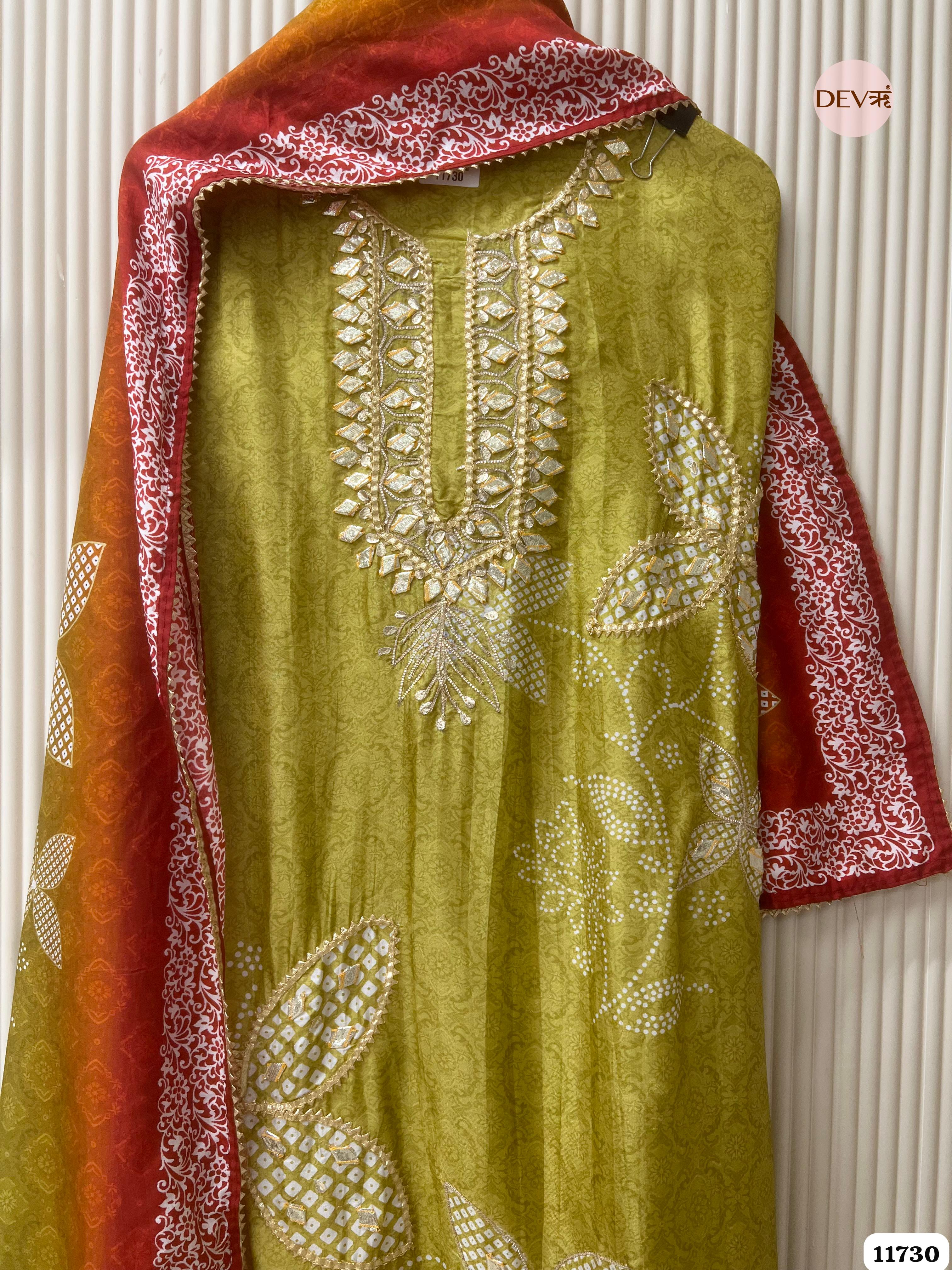 Green Russian Silk Semi Stitched Printed Hand Embroidered -Set Of 3- {11730}