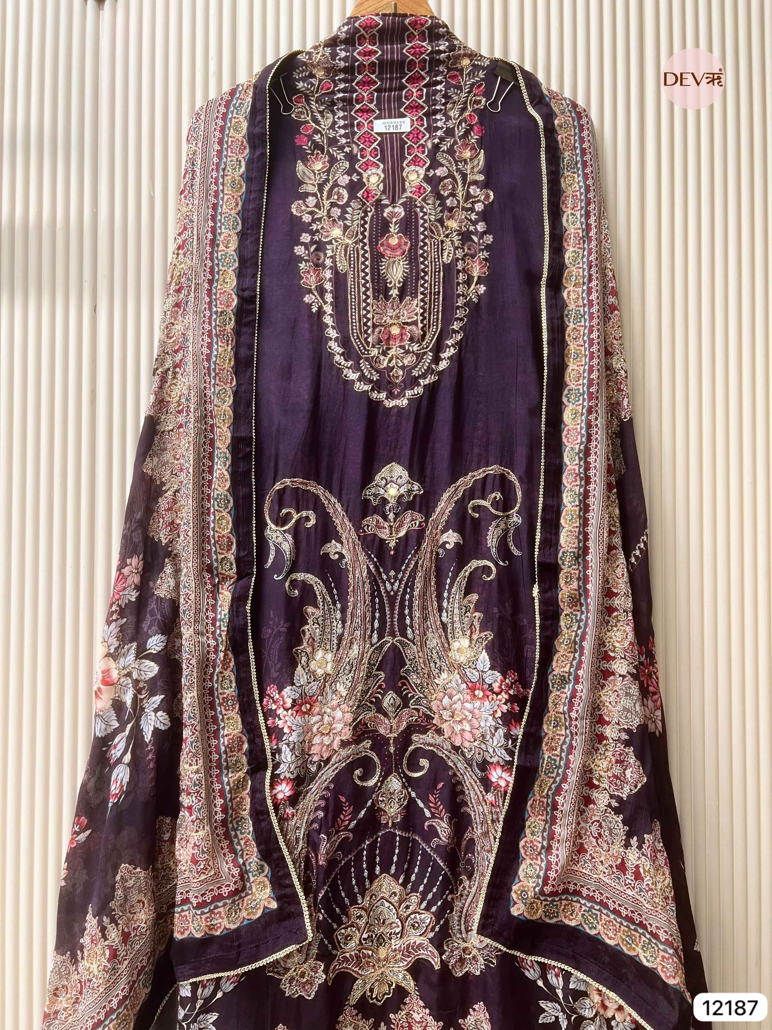 Purple Pure Muslin Unstitched Printed -Set Of 3 - {12187}