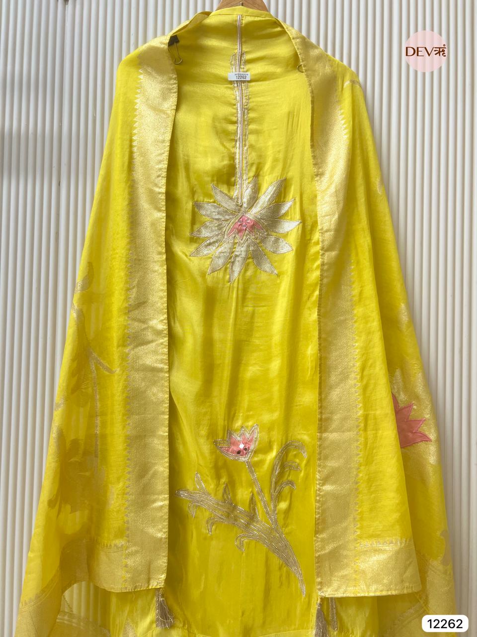 Yellow Shimmer Silk Embroidered Unstitched 3-Piece Suit (Devri – D.No 12262)