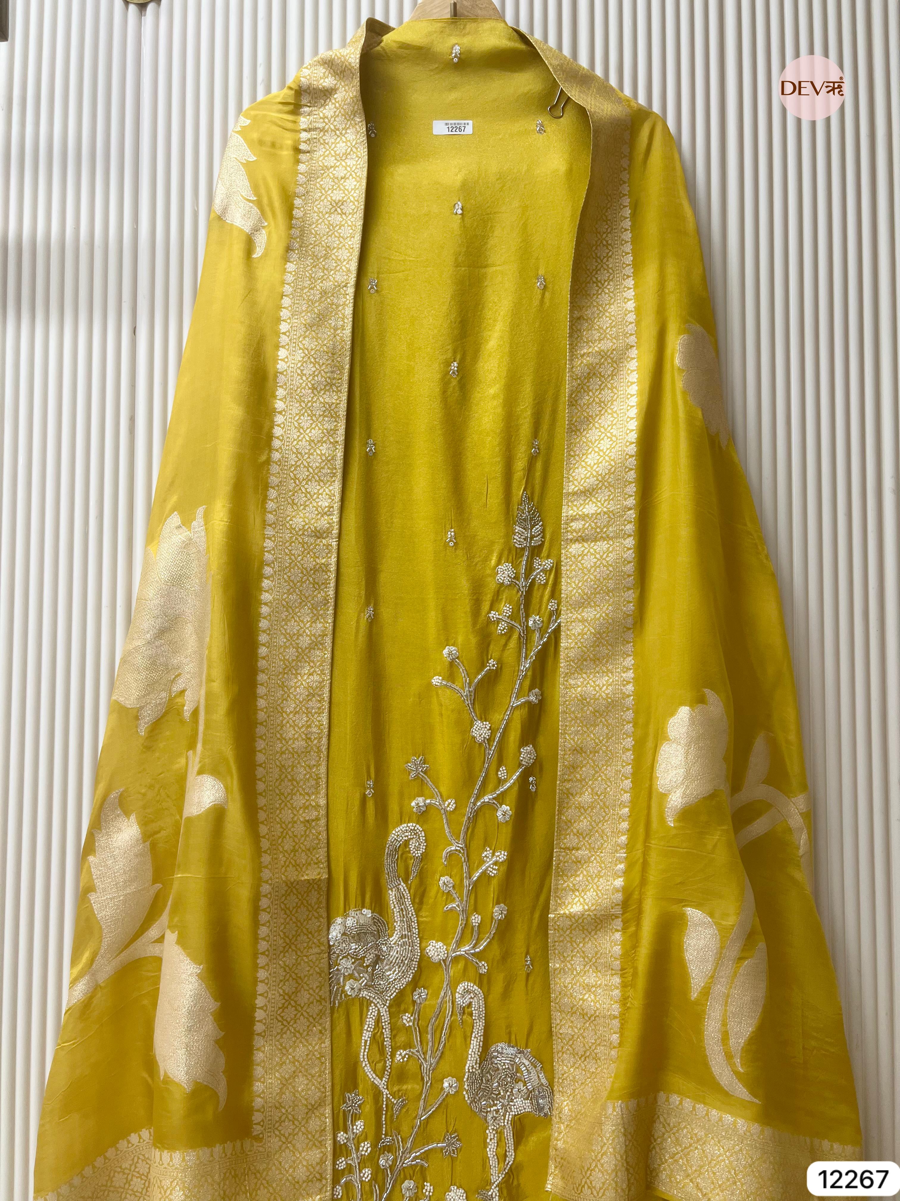 Mustard Shimmer Silk Embroidered Unstitched 3-Piece Suit (Devri – D.No 12267)