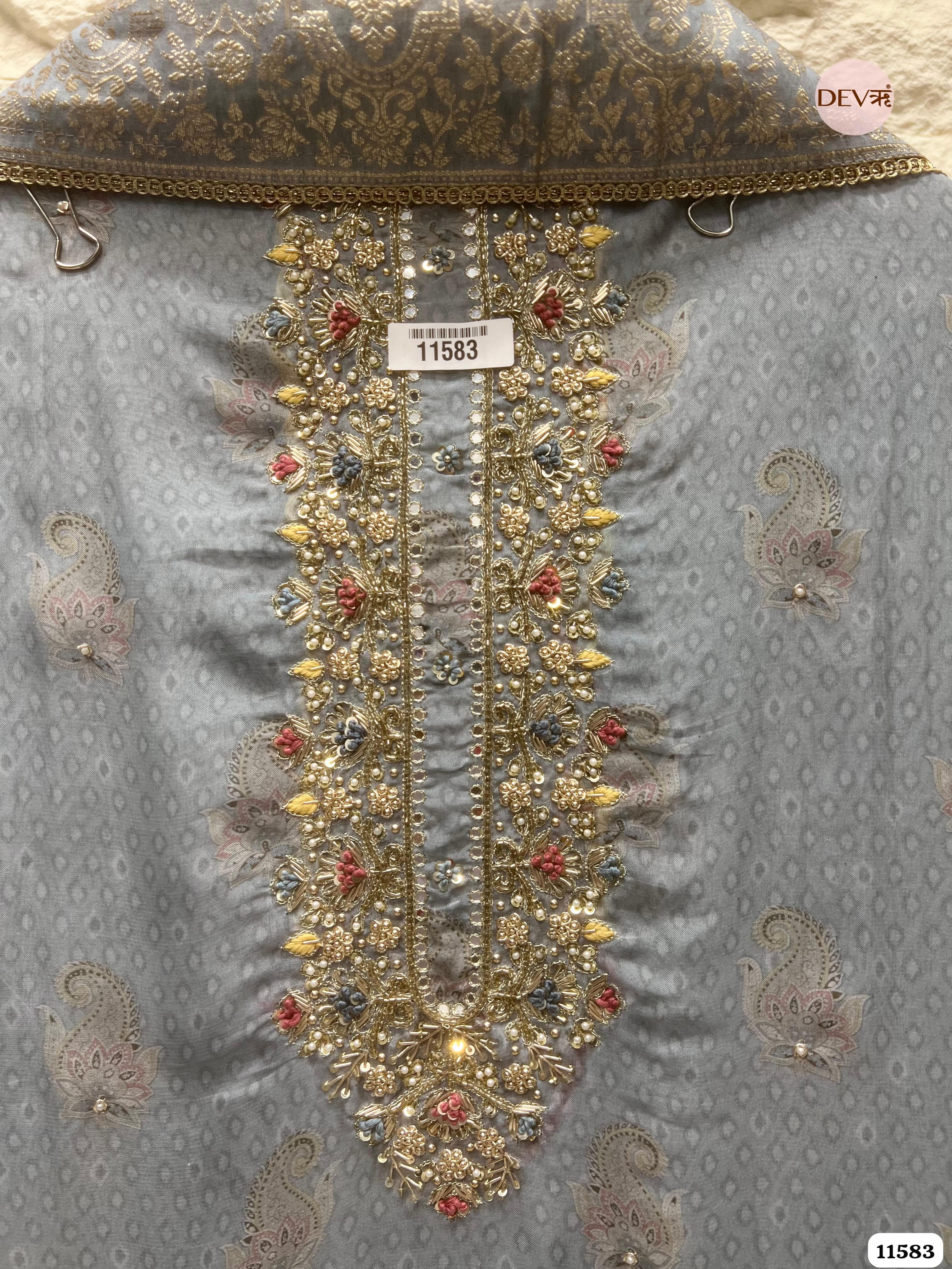 Light Grey Pure Silk Unstitched Printed Hand Embroidered -Set Of 3 {11583}
