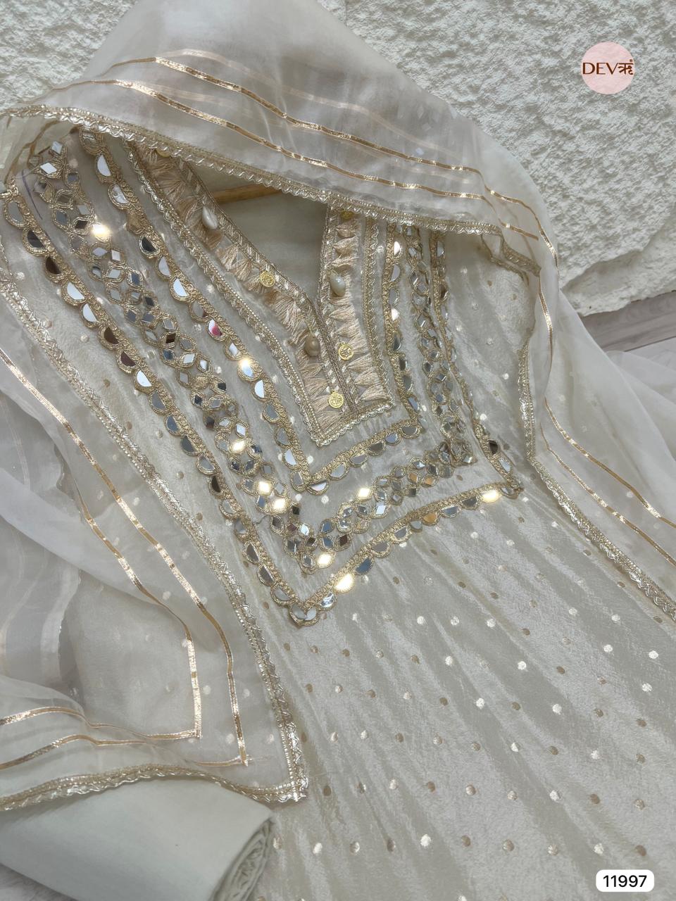 Cream Colour Tissue Shimmer Silk Hand Embroidered -Set Of 3 - {11997}