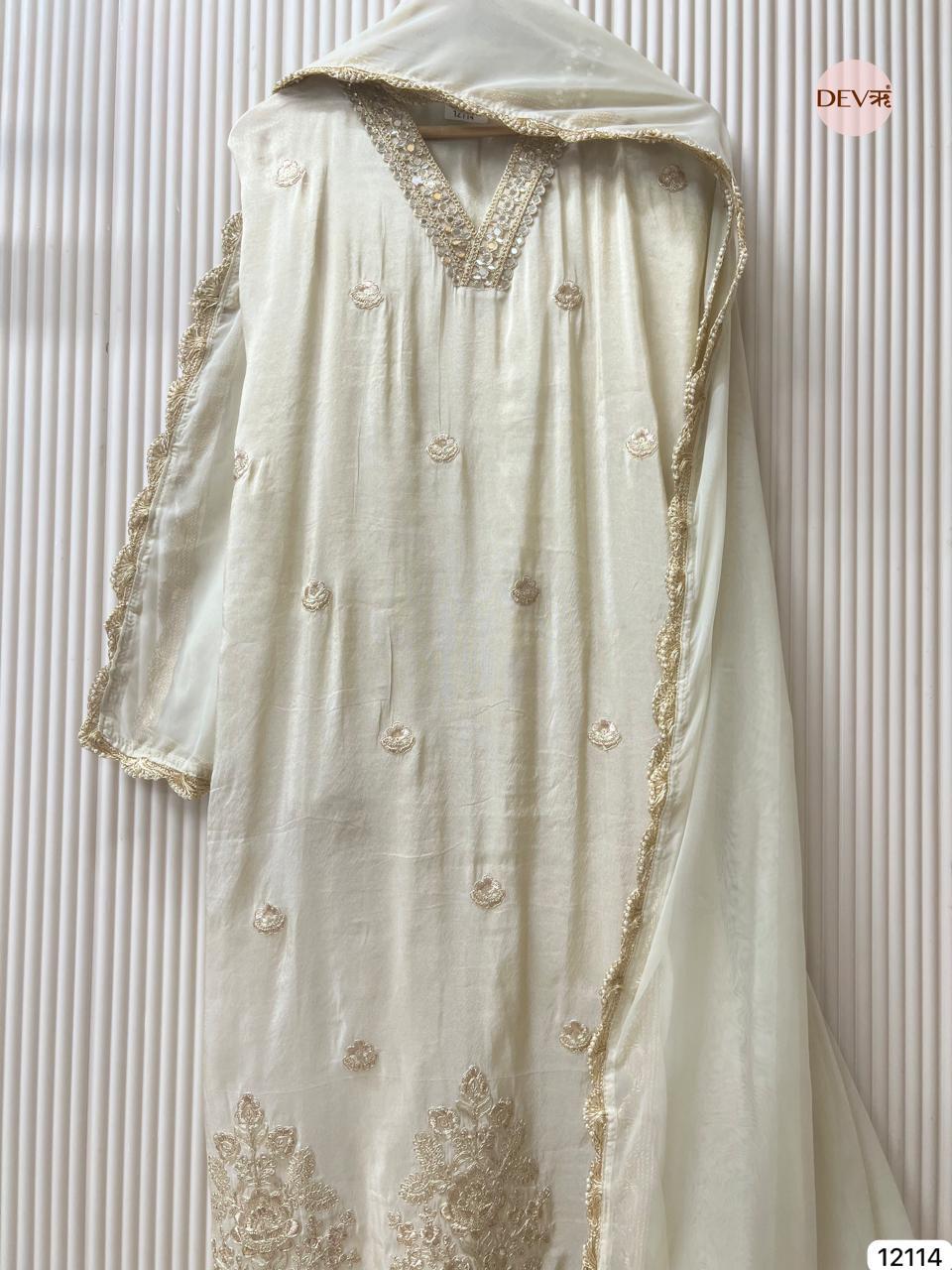 Ivory Tissue Shimmer Silk Embroidered Unstitched 3-Piece Suit (Devri – D.No 12114).