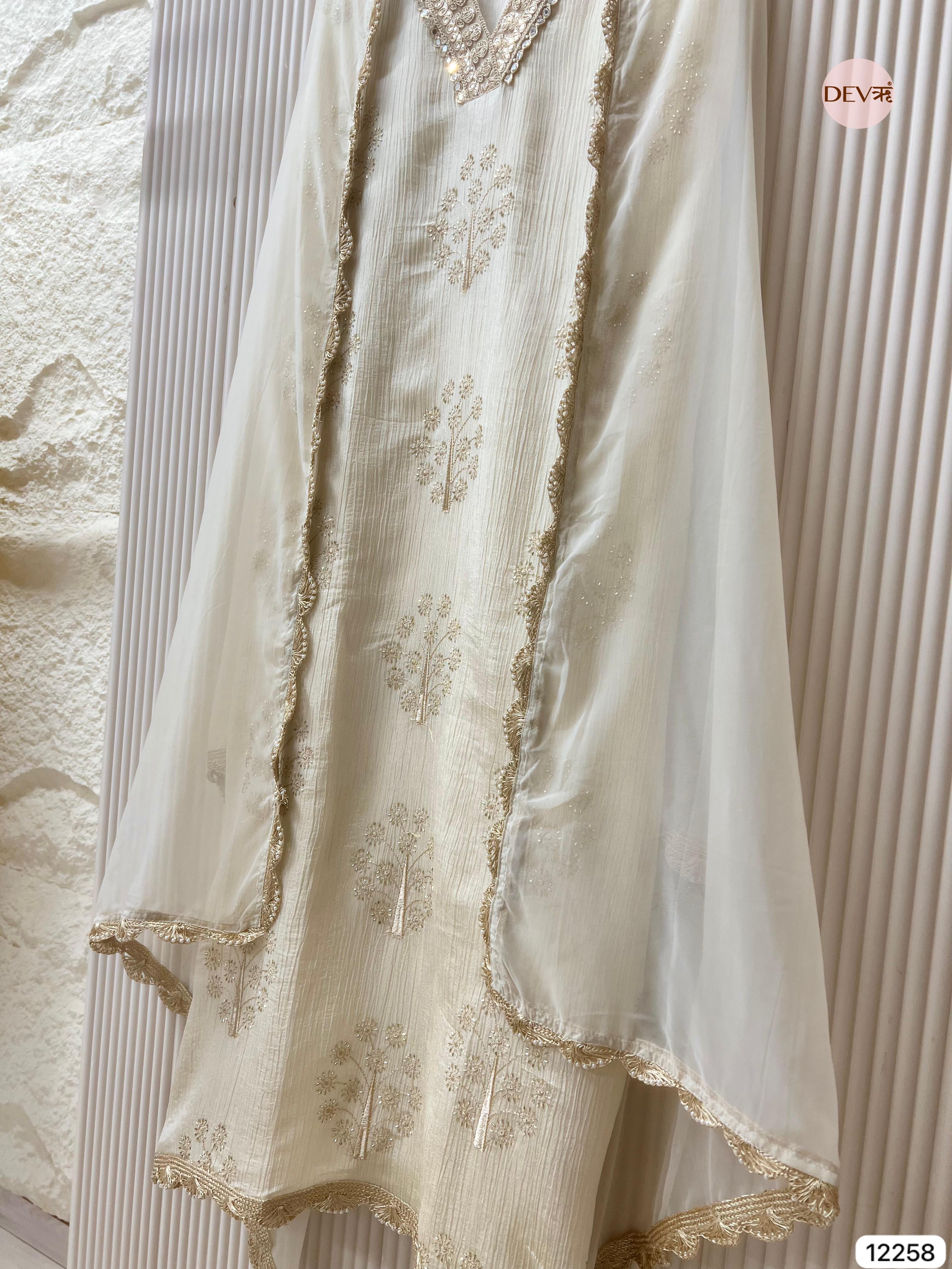 Ivory Chinon Embroidered Unstitched 3-Piece Suit (Devri – D.No 12258)