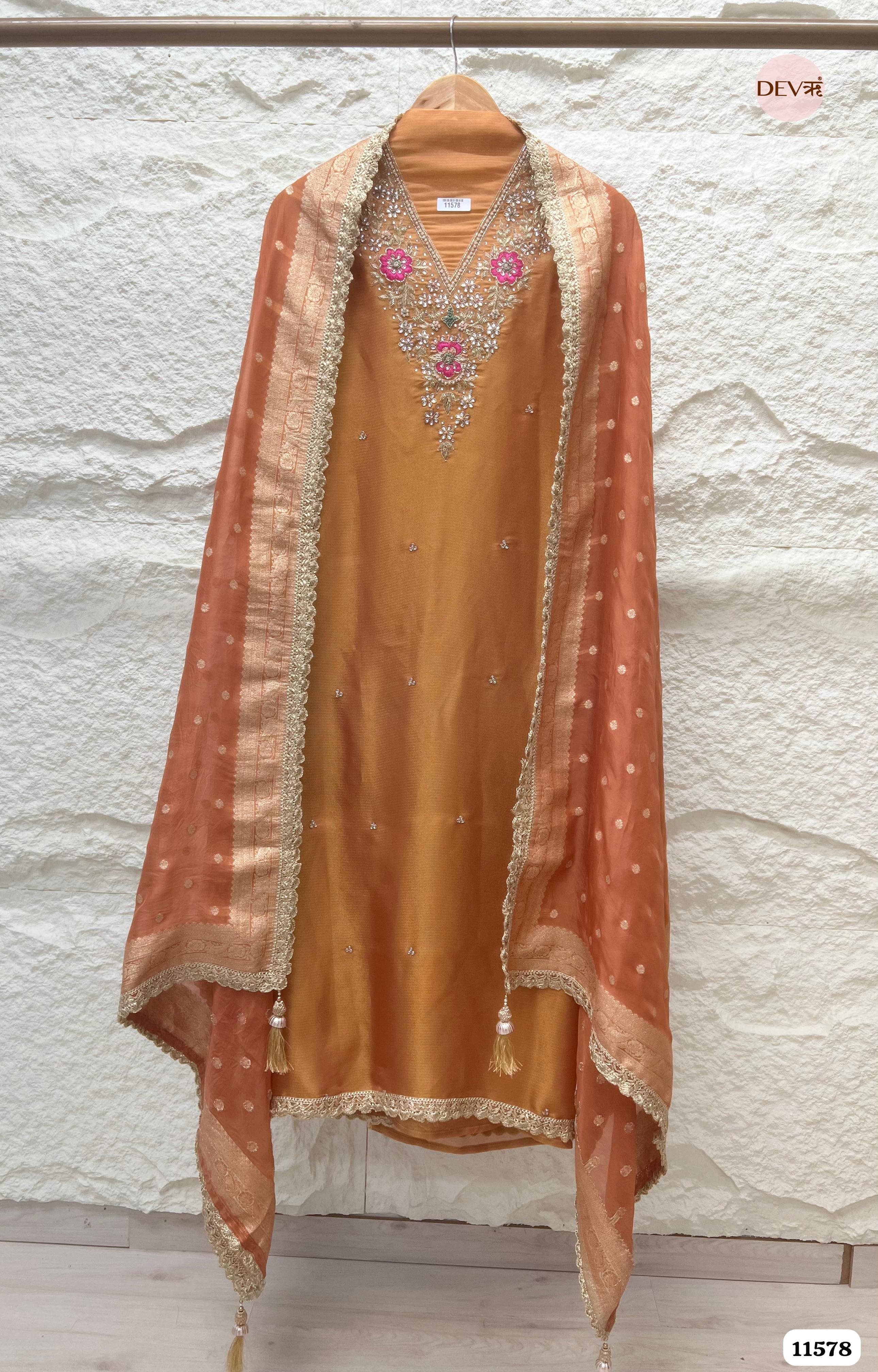 Orange Pure Tissue Silk Unstitched Hand Embroidered -Set Of 3 {11578}