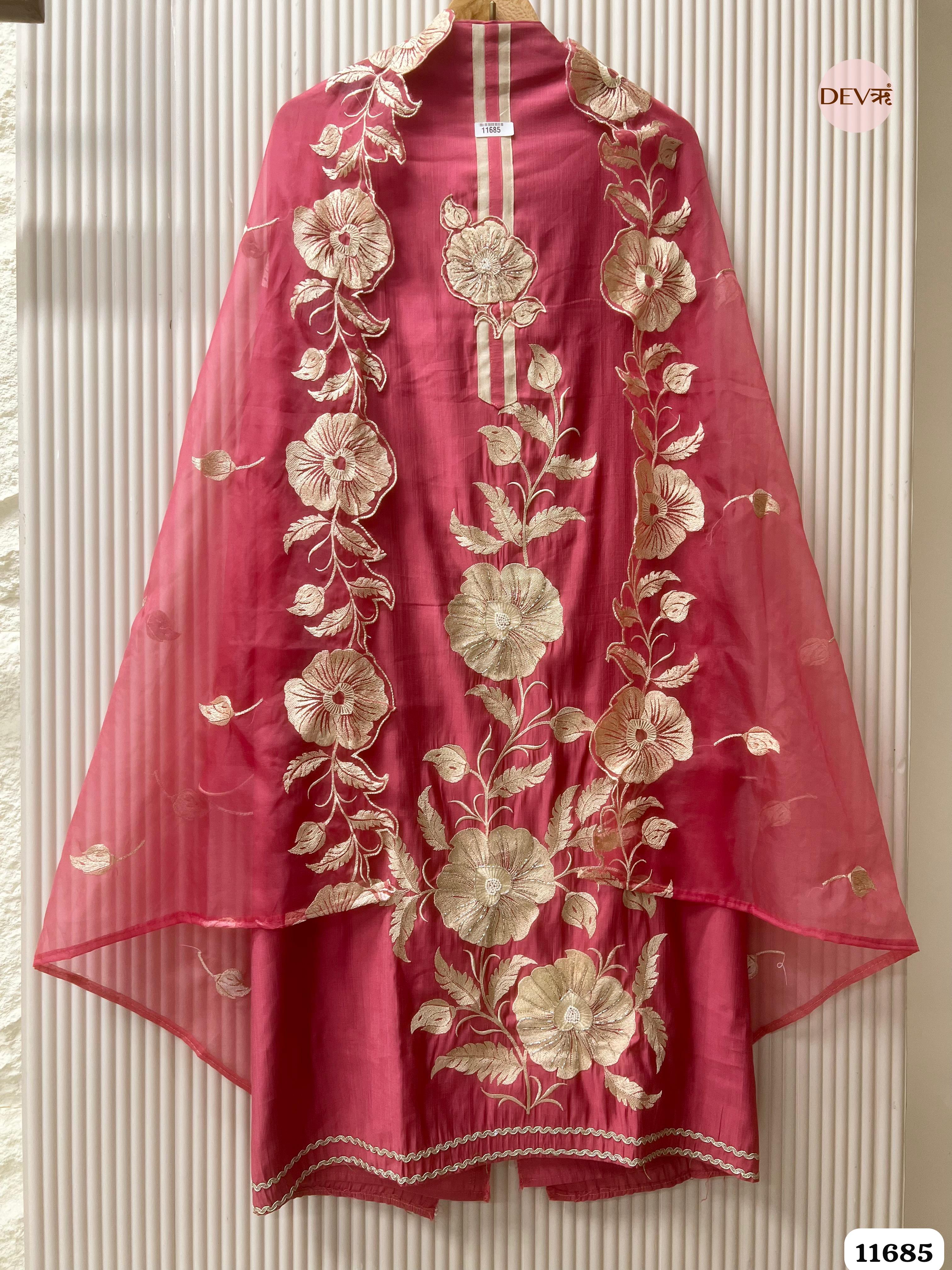 Pink Mul Chanderi Unstitched Embroidered -Set Of 3 {11685}