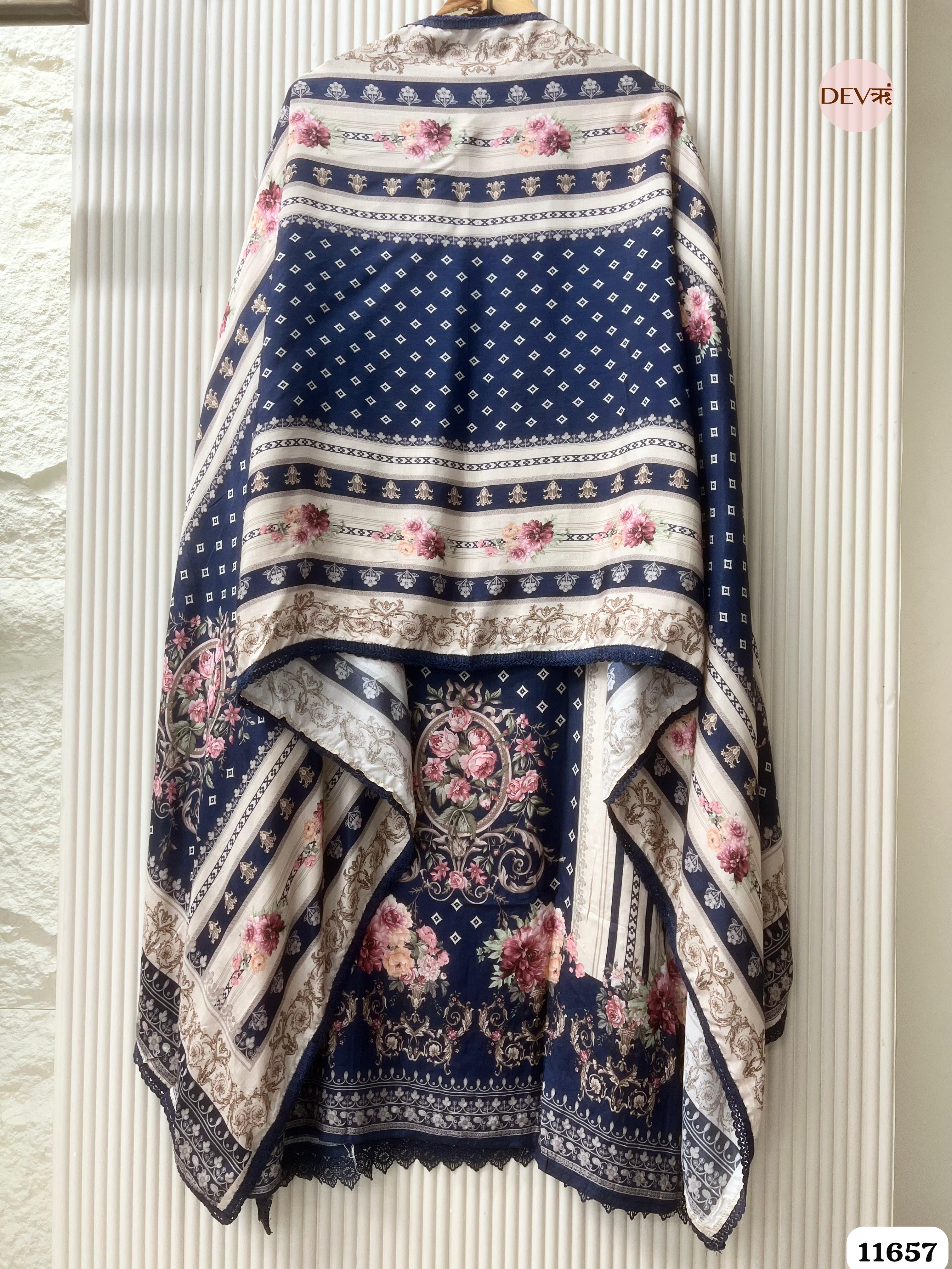 Navy Blue Muslin Printed Semi Stitched Hand Embroidered -Set Of 3 {11657}