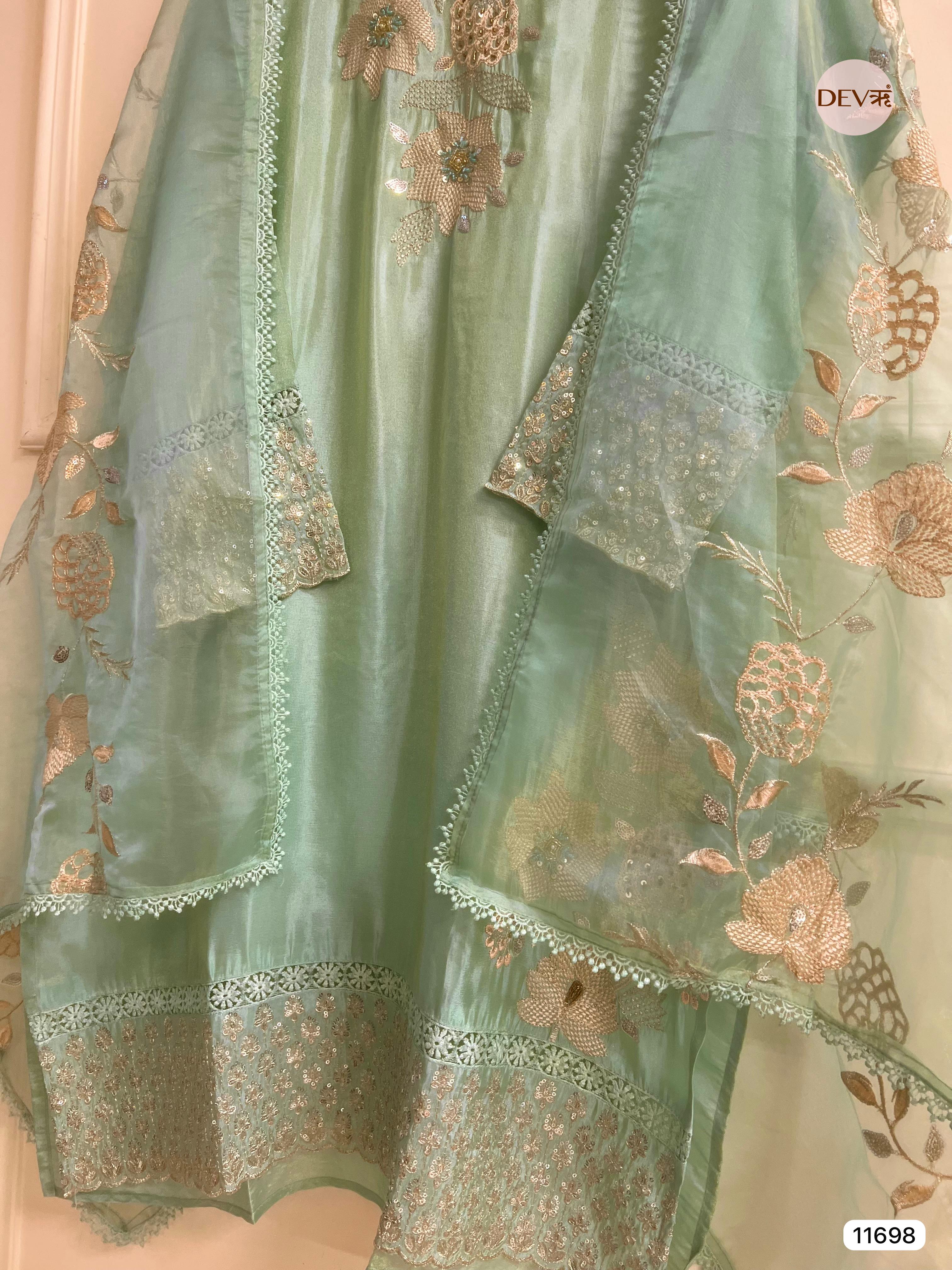 Green Tissue Shimmer Silk Semi Stitched Hand Embroidered -Set Of 3- {11698}